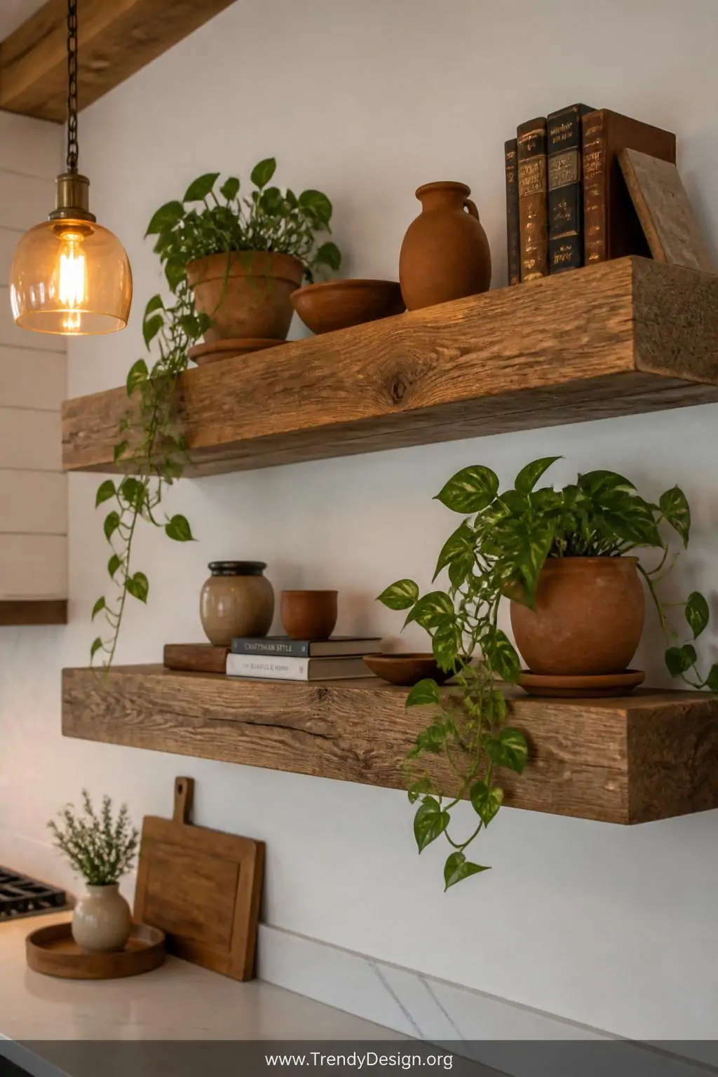Thick reclaimed wood floating shelves with visible knots and grain variations mounted on a white kitchen wall, styled with terracotta ceramics, trailing pothos plants, and worn hardcover books, warm amber pendant light casting soft shadows, medium shot.