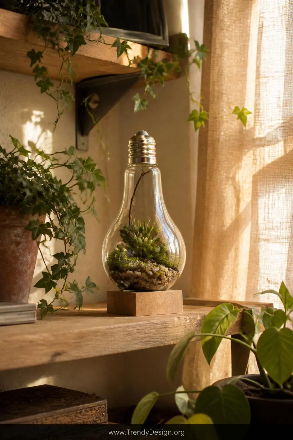 Clear glass light bulb terrarium with tiny green succulents, pebbles, and preserved moss displayed on a raw oak wooden stand on a sunlit bohemian shelf, surrounded by trailing ivy and warm golden afternoon light streaming through a linen-curtained window, medium shot.