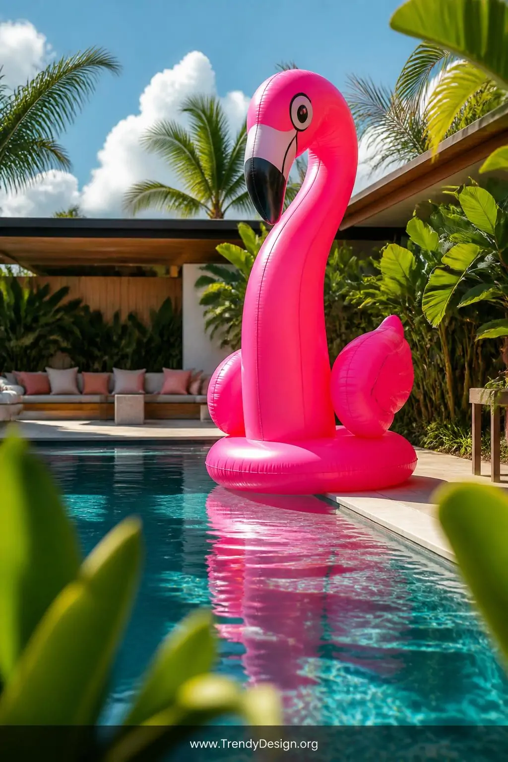 Giant inflatable flamingo float in vibrant hot pink standing upright beside a sparkling backyard pool, tropical poolside setting, bold resort style, lush green palm leaves framing the edges, glossy puncture-resistant vinyl surface catching bright midday sunlight, vivid reflections shimmering across turquoise water, wide shot