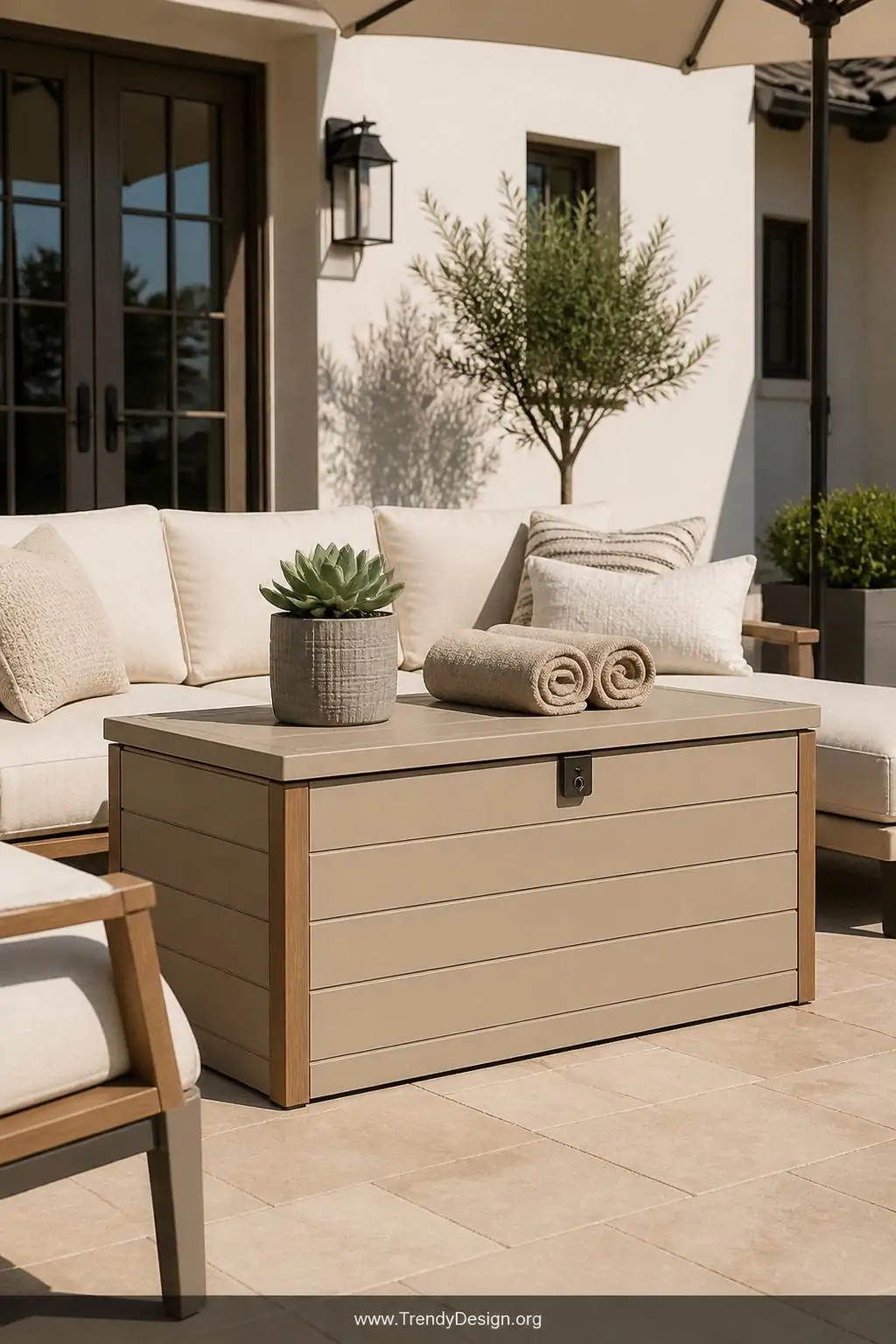 Large resin deck box with flat reinforced lid styled as outdoor bench seating on a sun-drenched patio, neutral taupe finish with teak accents, UV-resistant surface topped with two rolled linen towels and a potted succulent, surrounded by matching cream patio furniture under bright afternoon light, wide shot, photorealistic interior design.