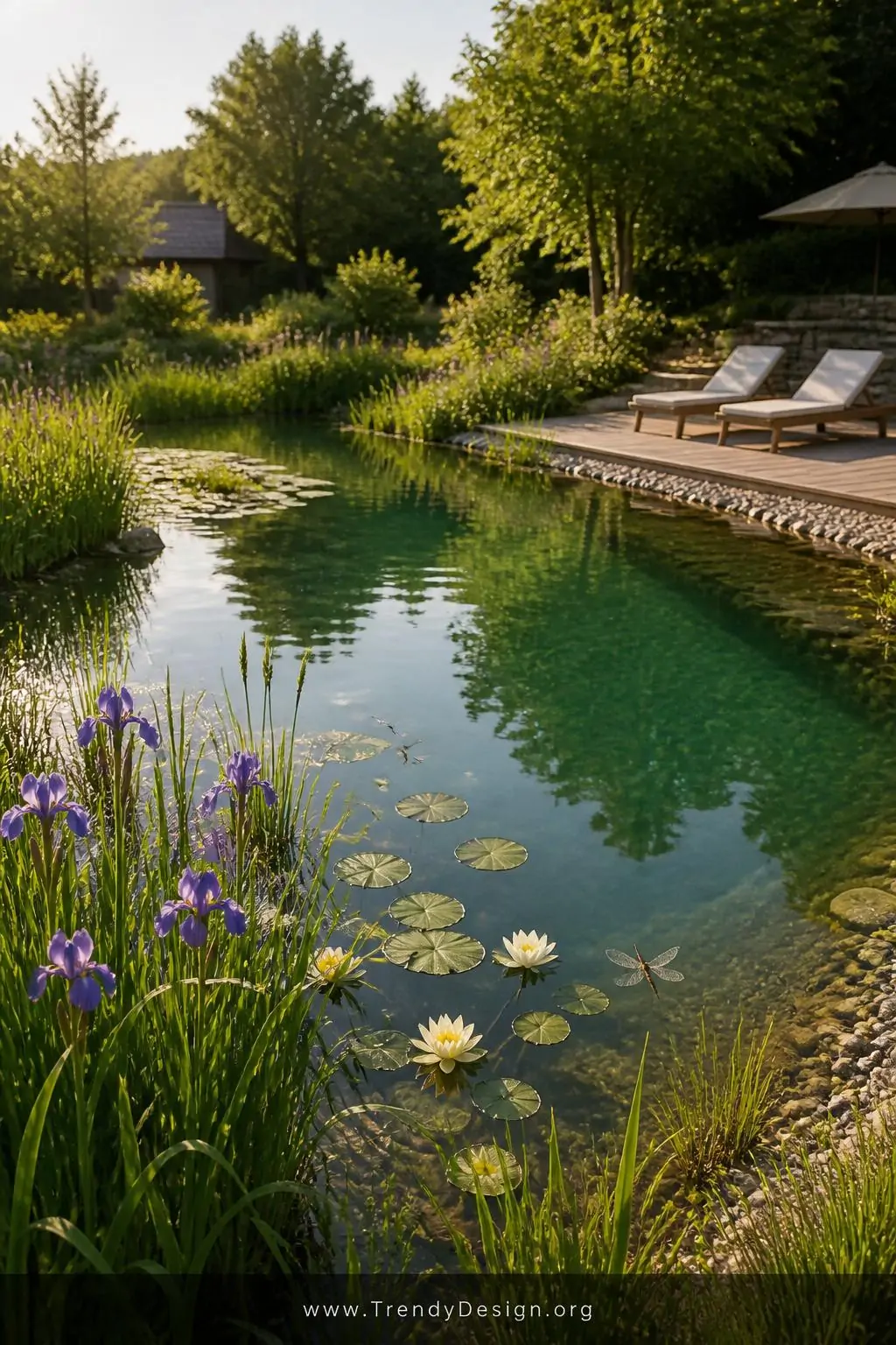 Natural swimming pond with distinct planted regeneration zone in a large backyard garden, organic naturalistic style, wide shot — a serene kidney-shaped swimming pond surrounded by clusters of violet water irises, pale yellow water lilies floating on the calm surface, and dense green rushes framing a lush regeneration zone, with dragonflies hovering over the still water under soft golden afternoon light.
