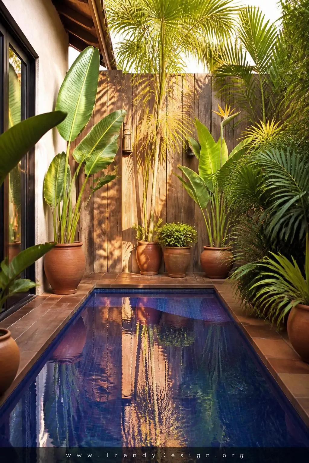 Compact plunge pool tucked into a narrow corner patio surrounded by terracotta pots of lush tropical palms and bird-of-paradise plants, deep cobalt blue pool water reflecting warm afternoon sunlight against weathered wooden fence panels, wide shot, photorealistic interior design.