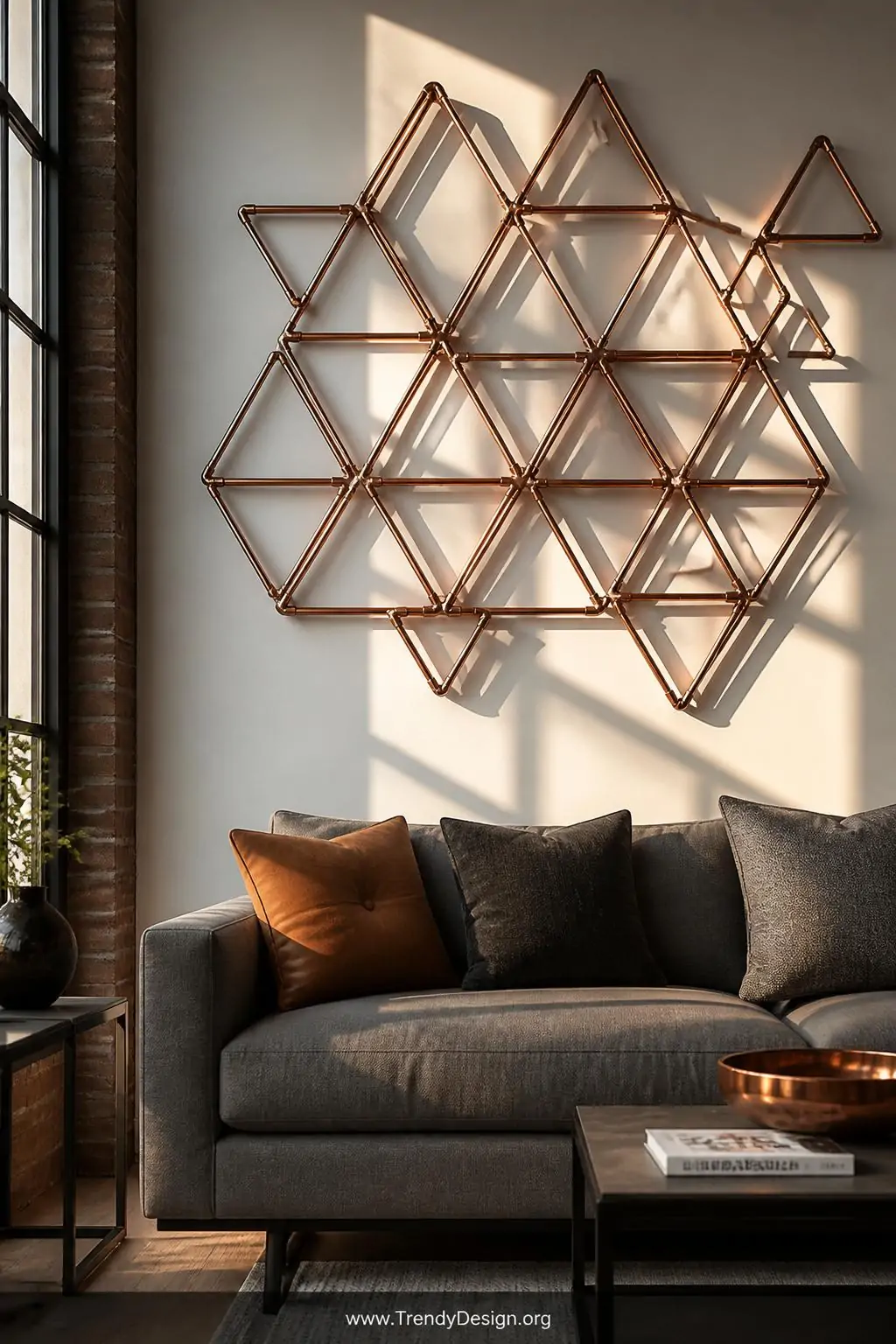 Large geometric copper pipe wall sculpture with triangles and hexagons mounted above a gray linen sofa in a modern industrial living room, warm amber afternoon light casting long metallic shadows across white walls, medium shot.