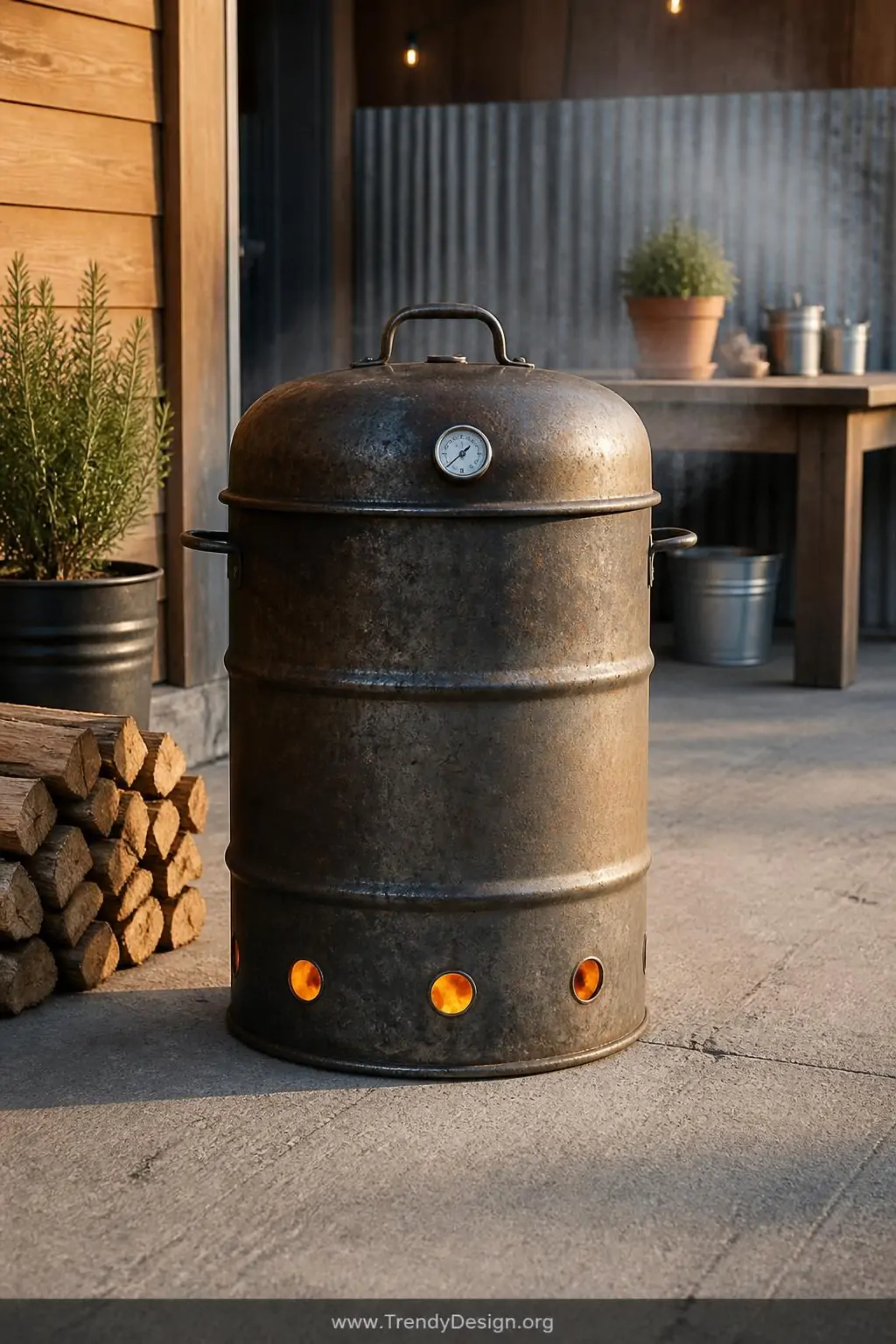 Weathered 55-gallon steel drum smoker on a concrete patio, rustic outdoor setting, three drilled intake holes near the base with a mounted thermometer on the lid, glowing amber charcoal light visible through vent holes, rough matte steel texture against warm afternoon sunlight, wide shot.