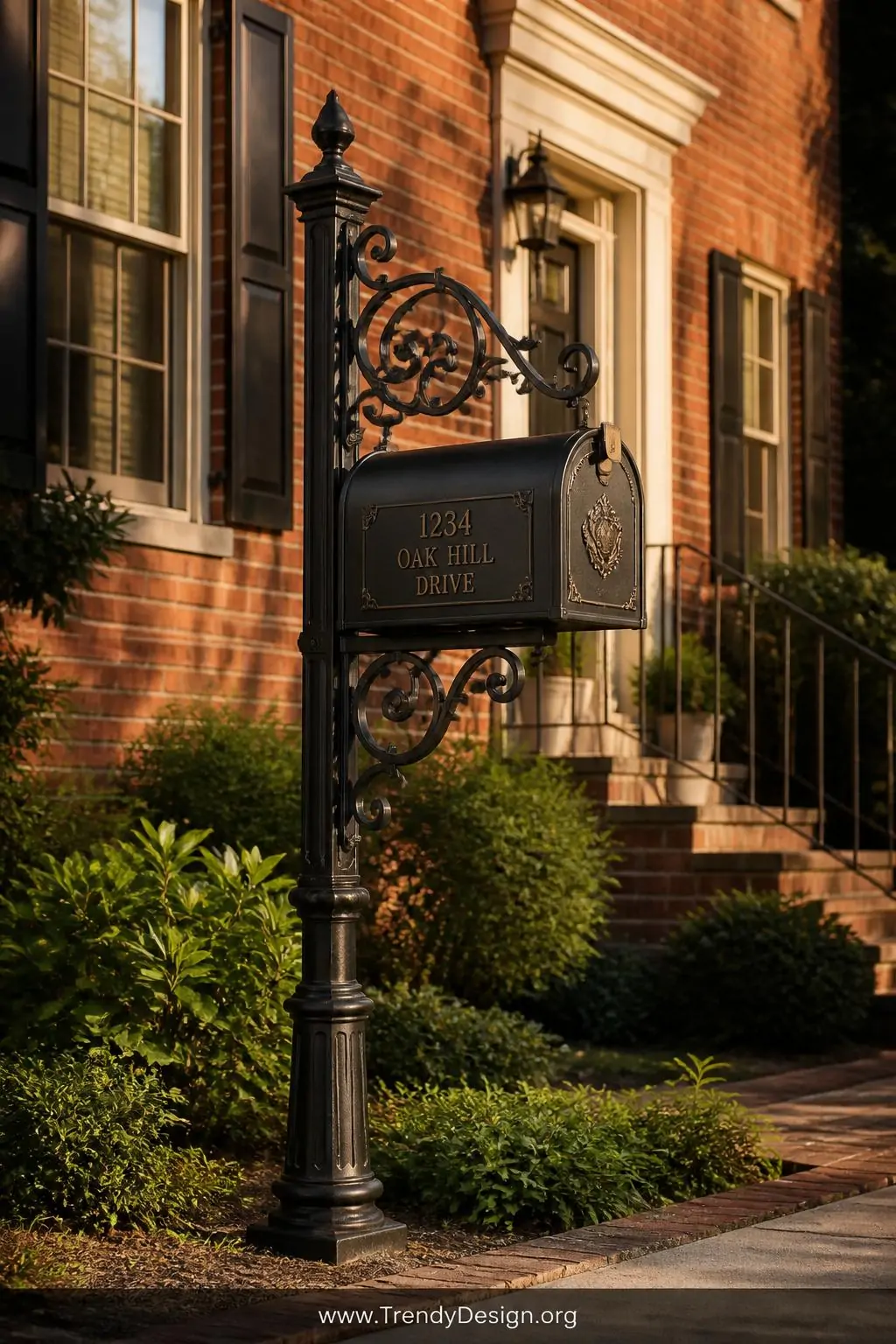 Wrought iron mailbox post with ornate scrollwork beside a brick colonial home exterior, matte black finish with antique detailing catching golden afternoon sunlight, wide shot showing full post height against warm red brick facade with lush green landscaping flanking the base.