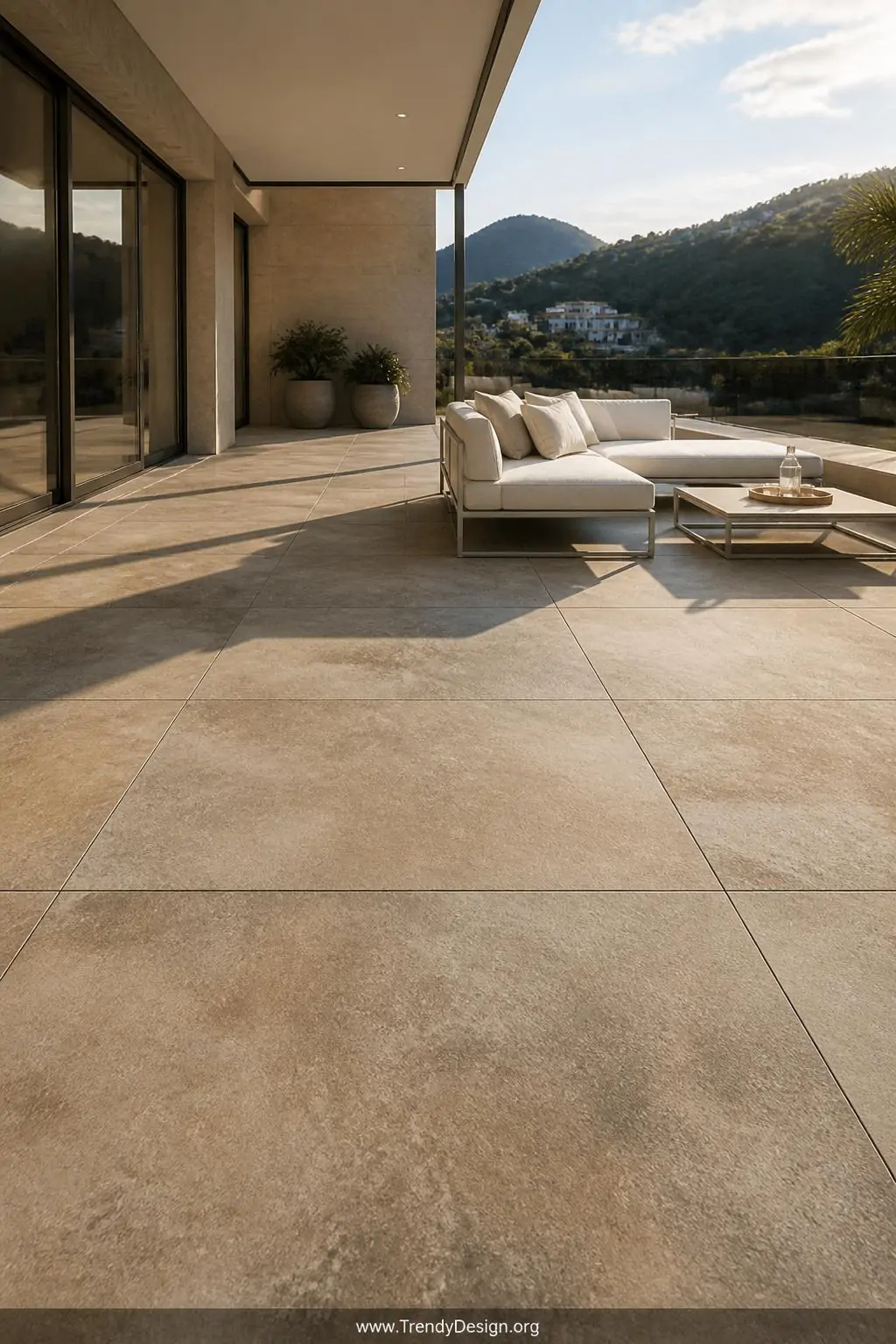 Large-format porcelain paving tiles in warm beige and taupe tones on a spacious modern terrace, seamless rectified grout lines, matte textured surface, minimal outdoor furniture in white linen, late afternoon sun casting long shadows across the stone-effect surface, wide shot, photorealistic interior design.