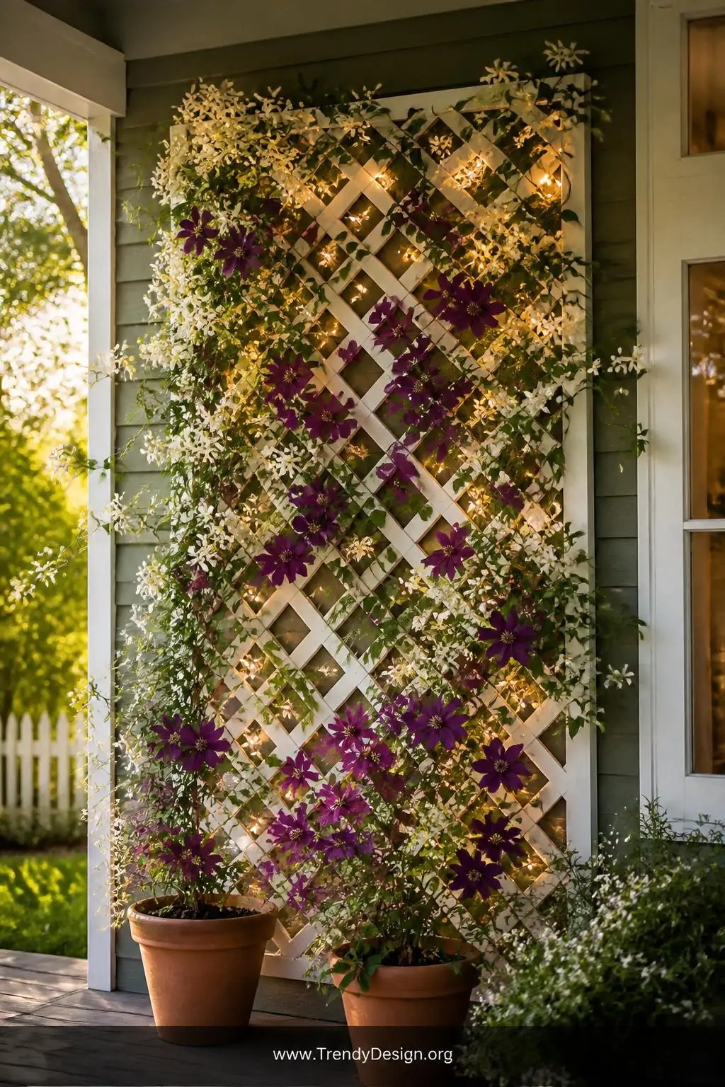 White-painted wood lattice panel covered in cascading jasmine and deep-purple clematis vines on a sunlit cottage porch, warm golden afternoon light filtering through the diamond-shaped openings, solar string lights woven through the greenery glowing amber, terracotta pots at the base, wide shot showing full panel height against a sage green exterior.