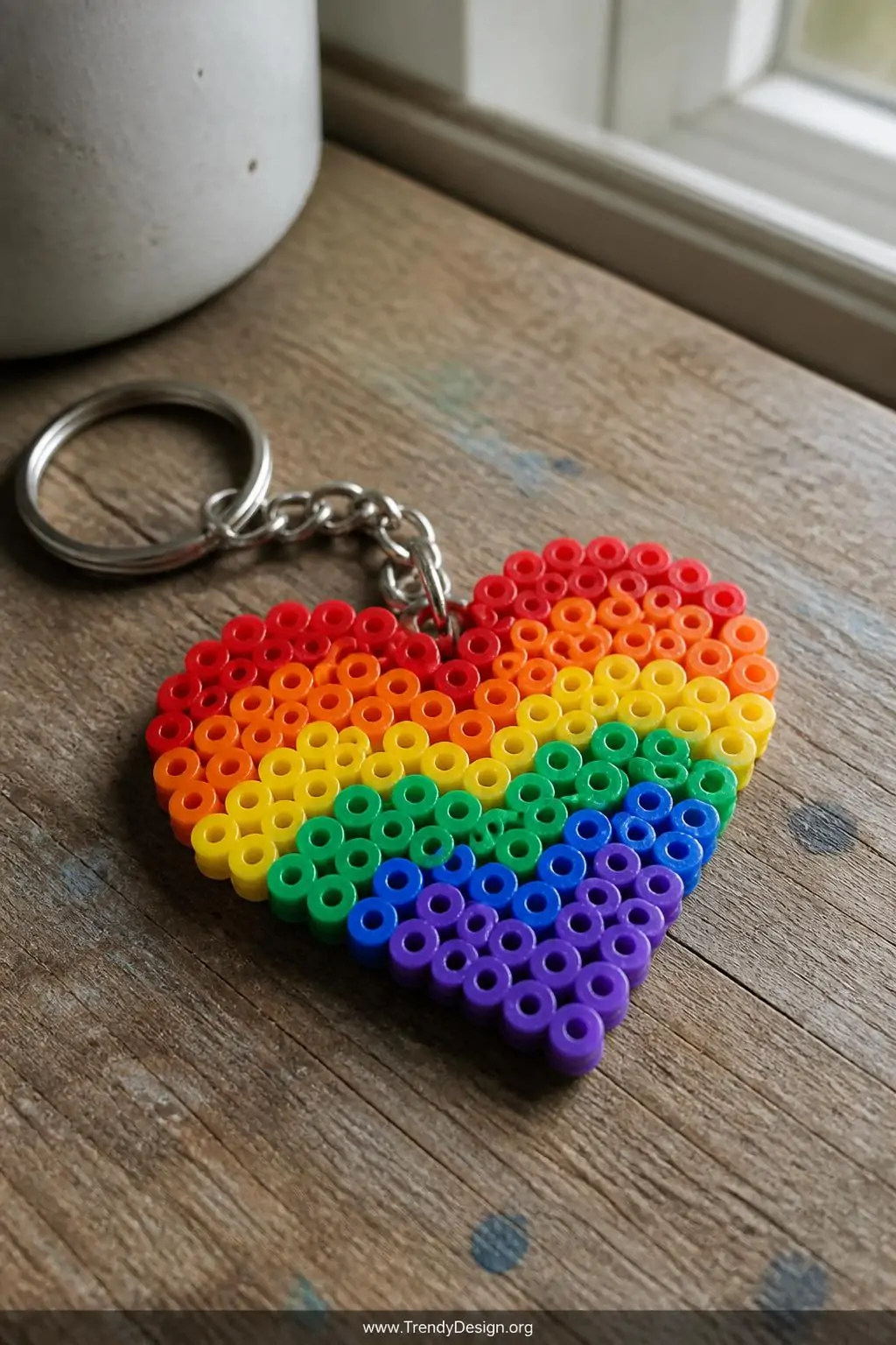 Rainbow heart-shaped Perler bead keychain with red, orange, yellow, green, and violet arched rows on a weathered wooden craft table, natural window light, closeup macro shot showing bead texture and attached silver keyring hardware
