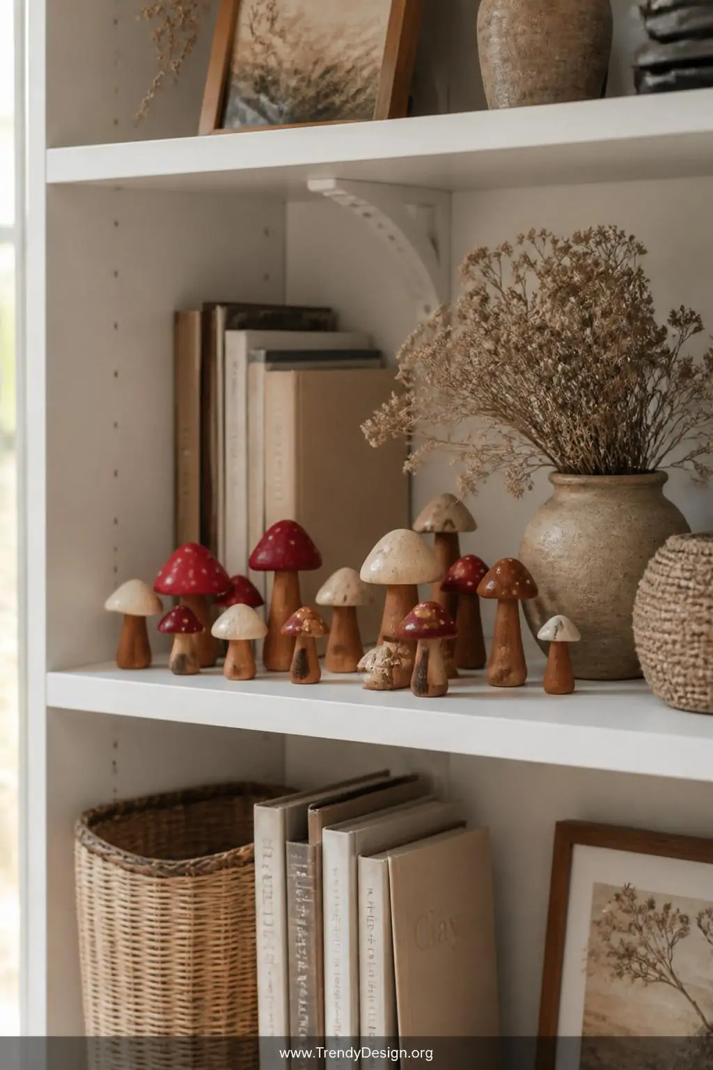 Cluster of tiny clay mushroom figurines in red with white spots, cream, and terracotta tones arranged on a white painted wooden bookshelf beside dried botanicals, soft natural window light, medium shot of styled shelf vignette, photorealistic interior design