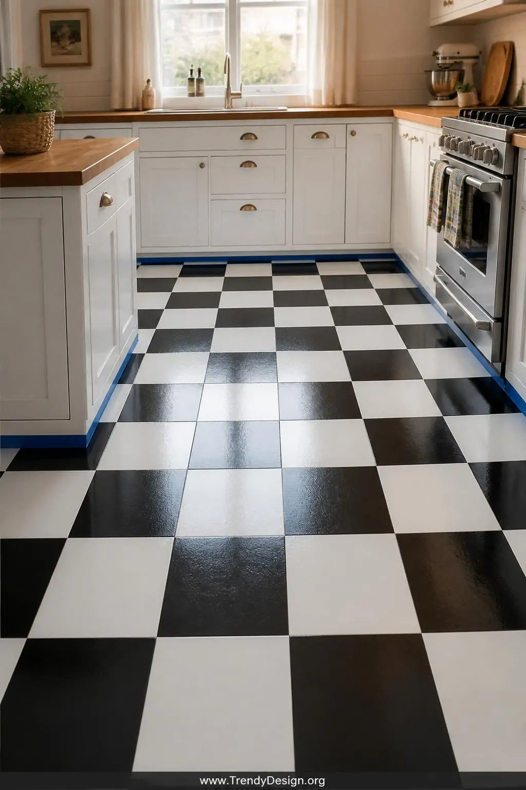 Wide-angle photorealistic shot of a bright kitchen floor freshly painted in a bold black-and-white checkerboard geometric pat