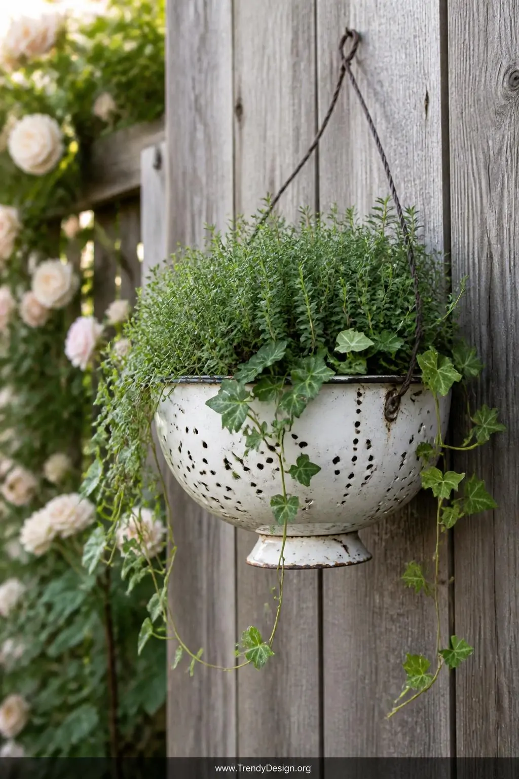 A weathered white enamel colander with chipped paint and visible rust edges hangs on a sun-bleached wooden fence via a twiste