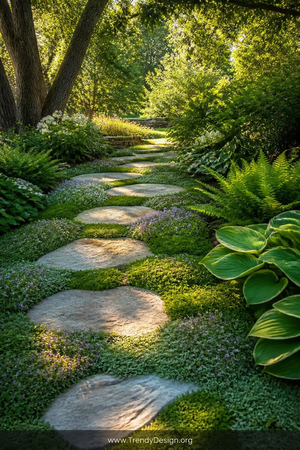 Wide-angle photorealistic exterior shot of a cottage garden stepping stone path, large irregular pale grey and buff-toned fla