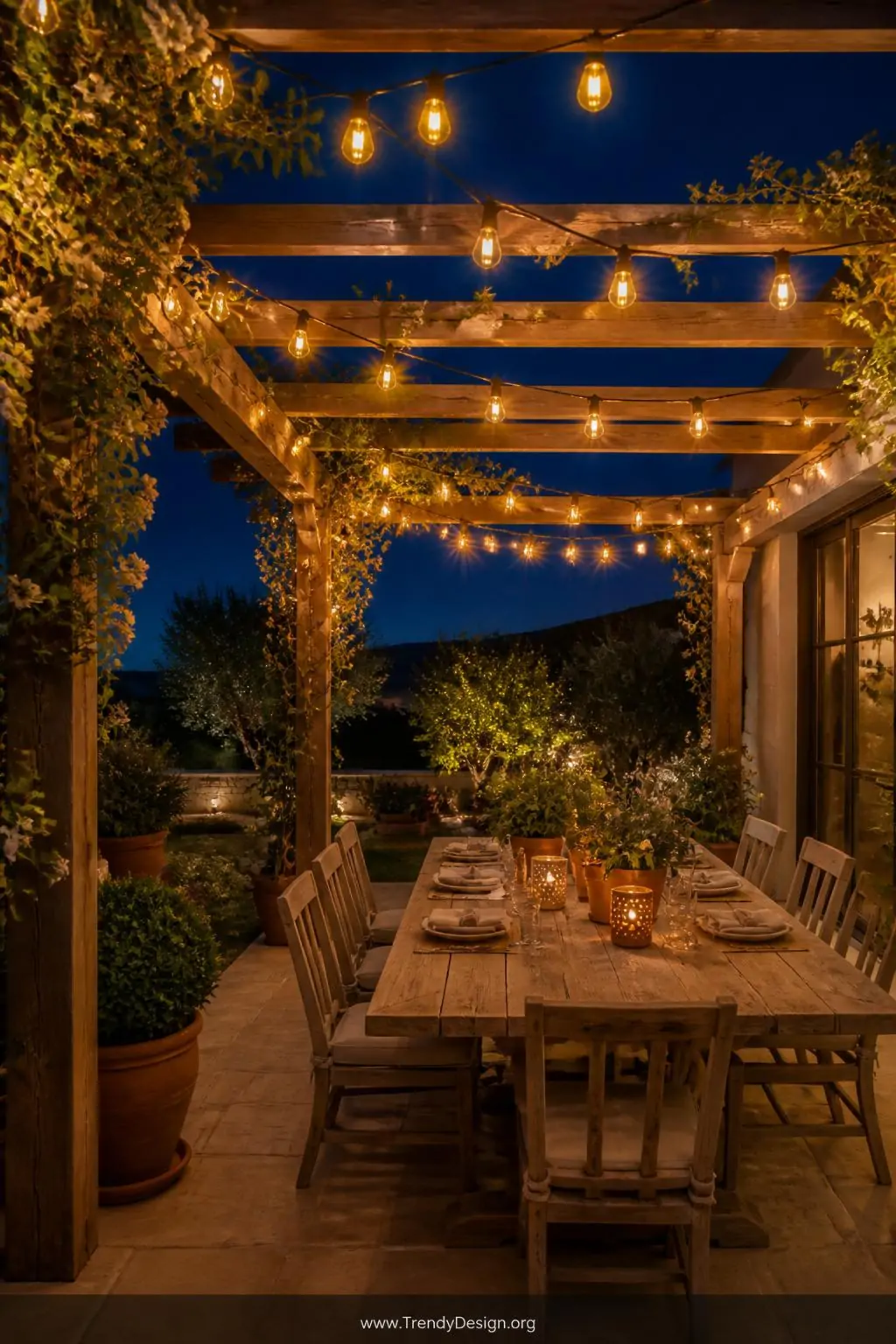 A wide-angle photorealistic shot of a lush backyard pergola at dusk draped with cascading zigzag layers of warm 2700K Edison-