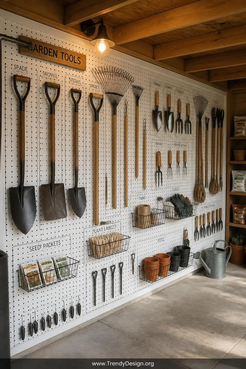 A wide-angle photorealistic shot of a sunlit garden shed interior featuring a full sheet of matte white pegboard mounted acro