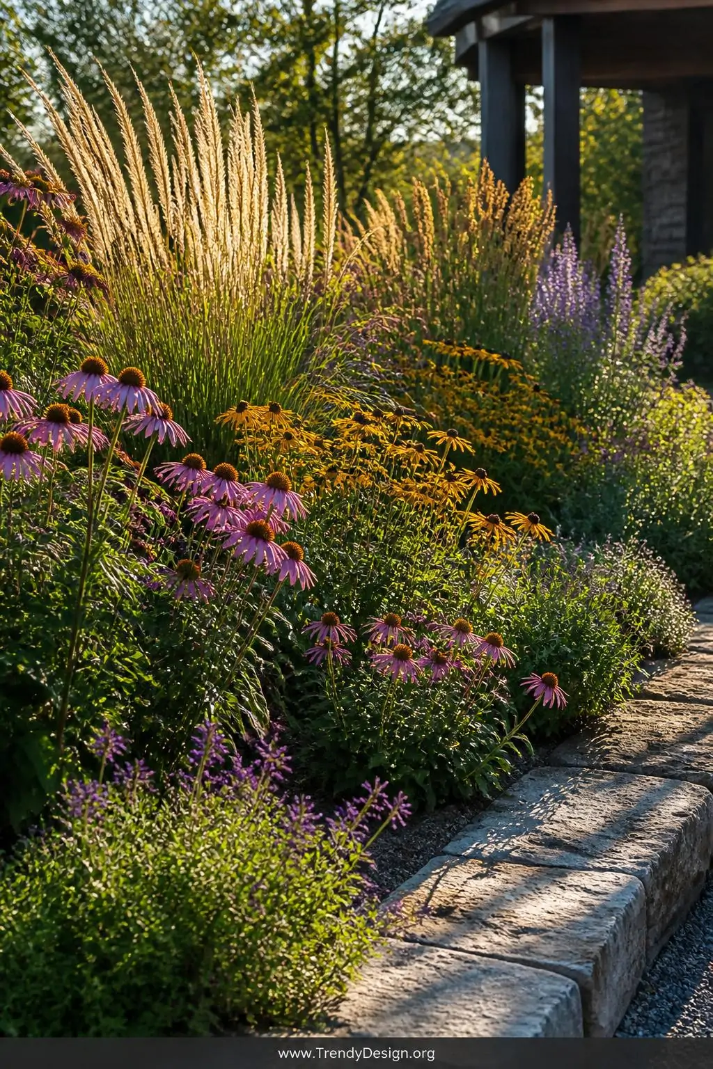 Wide-angle photorealistic shot of a lush native plant garden bed bursting with purple coneflowers, golden black-eyed Susans, 