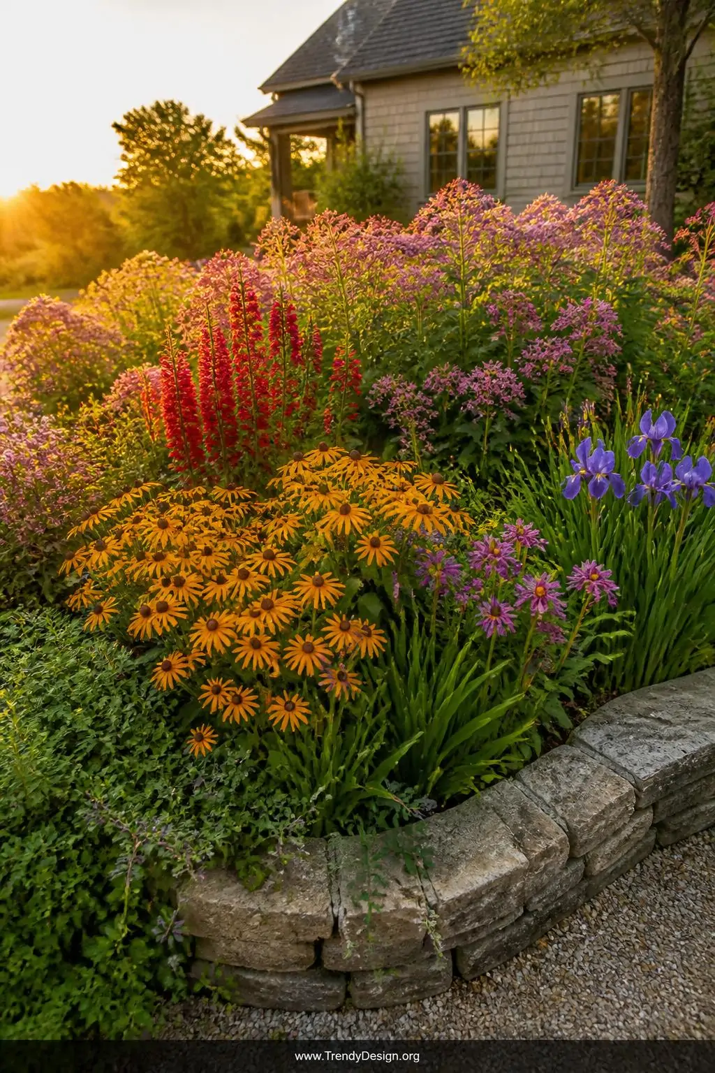 A lush cottage rain garden bowl photographed in a wide landscape shot during golden hour, overflowing with black-eyed Susans 