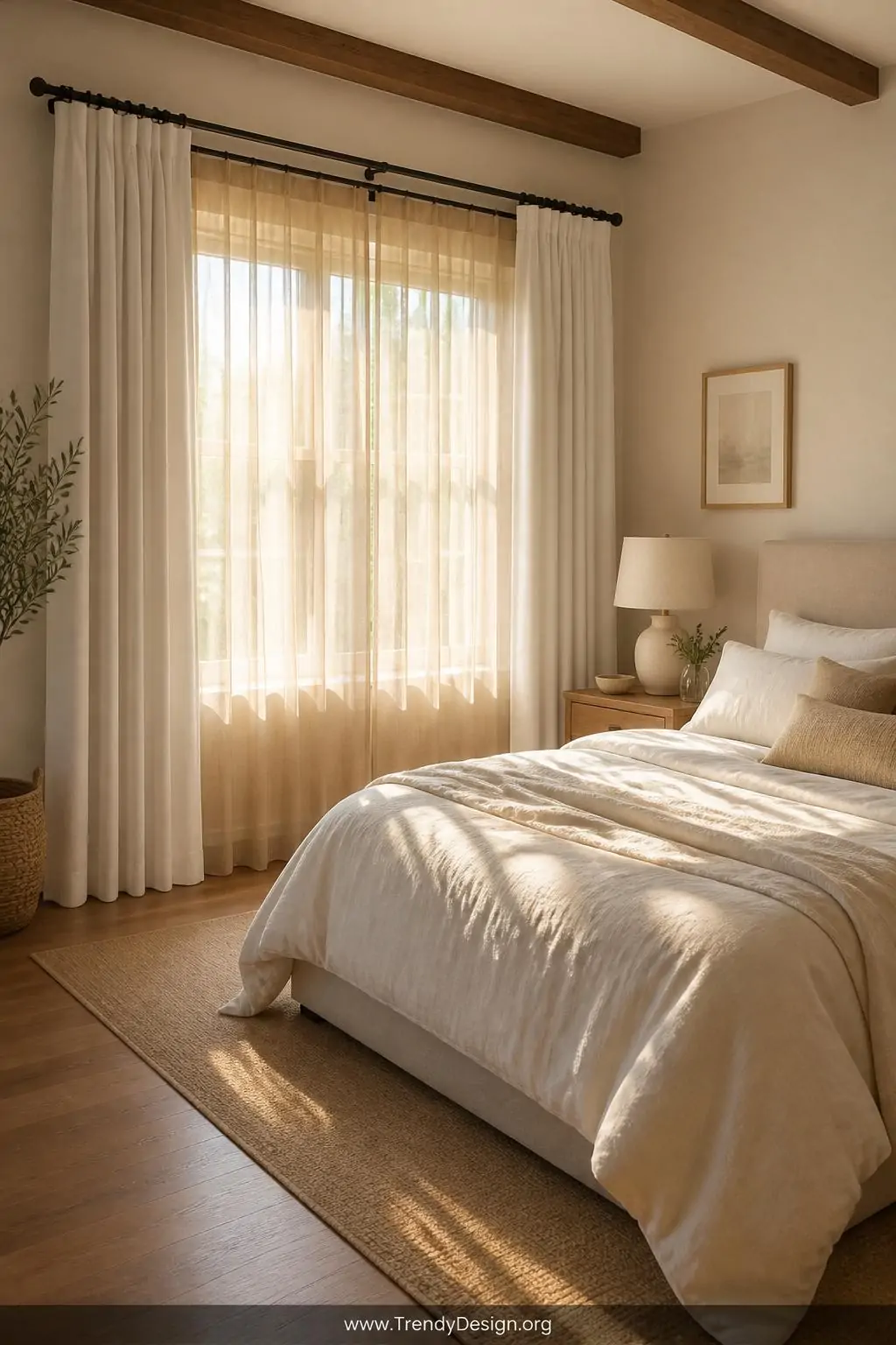 Wide shot of a sun-drenched bedroom featuring double curtain rod brackets holding ivory warm-toned sheer panels closest to th