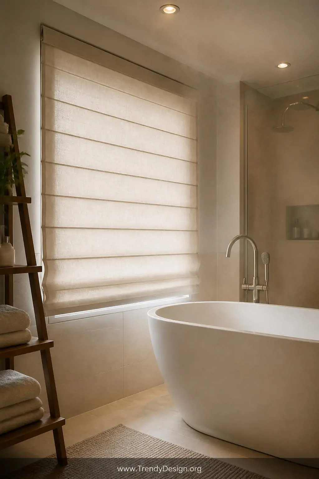 Wide shot of a serene bathroom featuring a tailored ivory polyester-blend Roman shade in the fully lowered position, soft neu