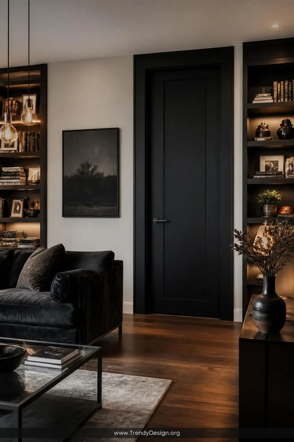 A wide-angle photorealistic interior shot of a sophisticated living room featuring a stunning floor-to-ceiling matte black in