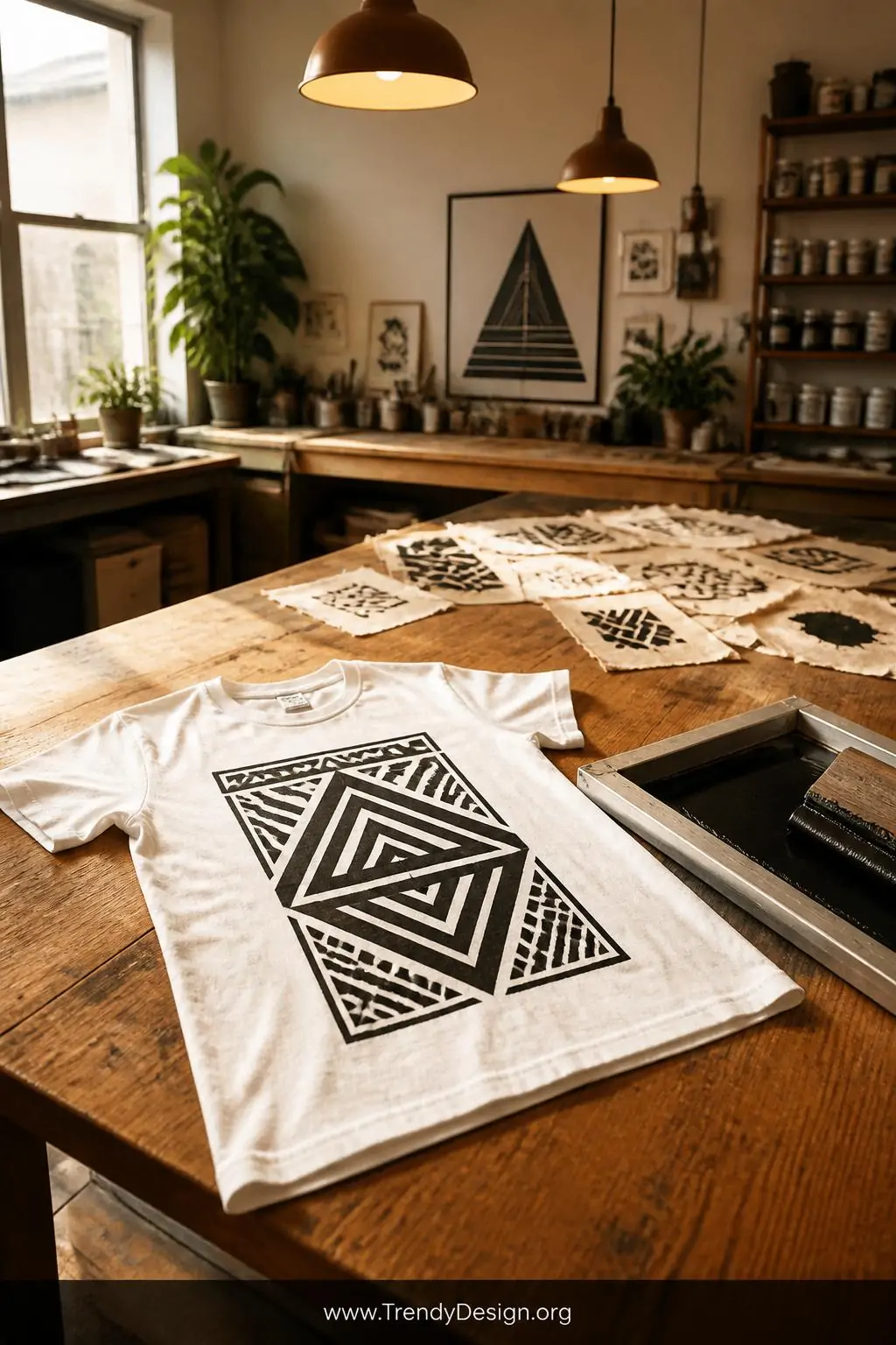 Wide shot of a sunlit craft studio workspace with a white cotton t-shirt laid flat on a wooden worktable, bold single-color b