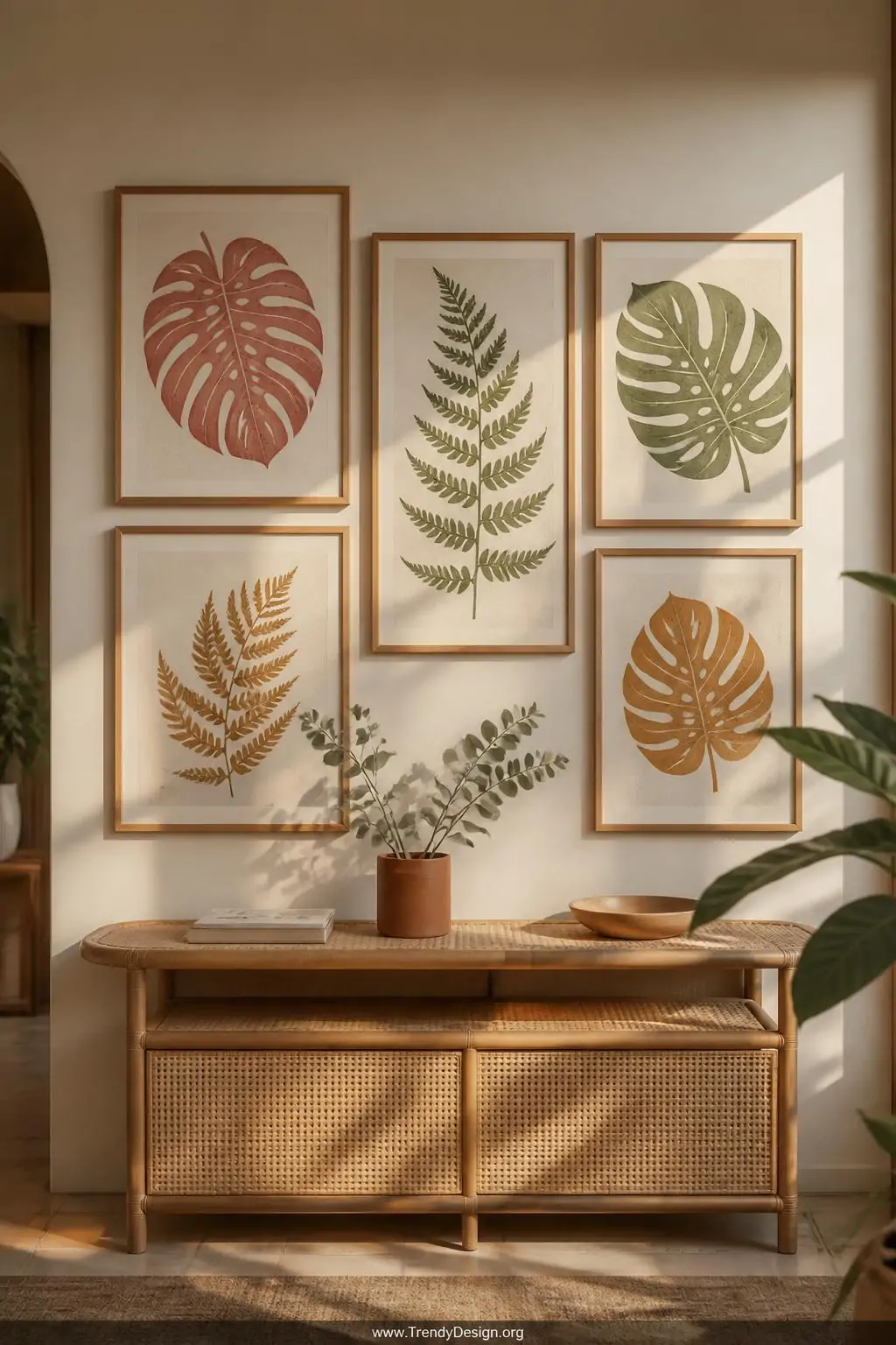 A sun-drenched gallery wall featuring five framed botanical linocut prints of monstera leaves and fern fronds printed in terr