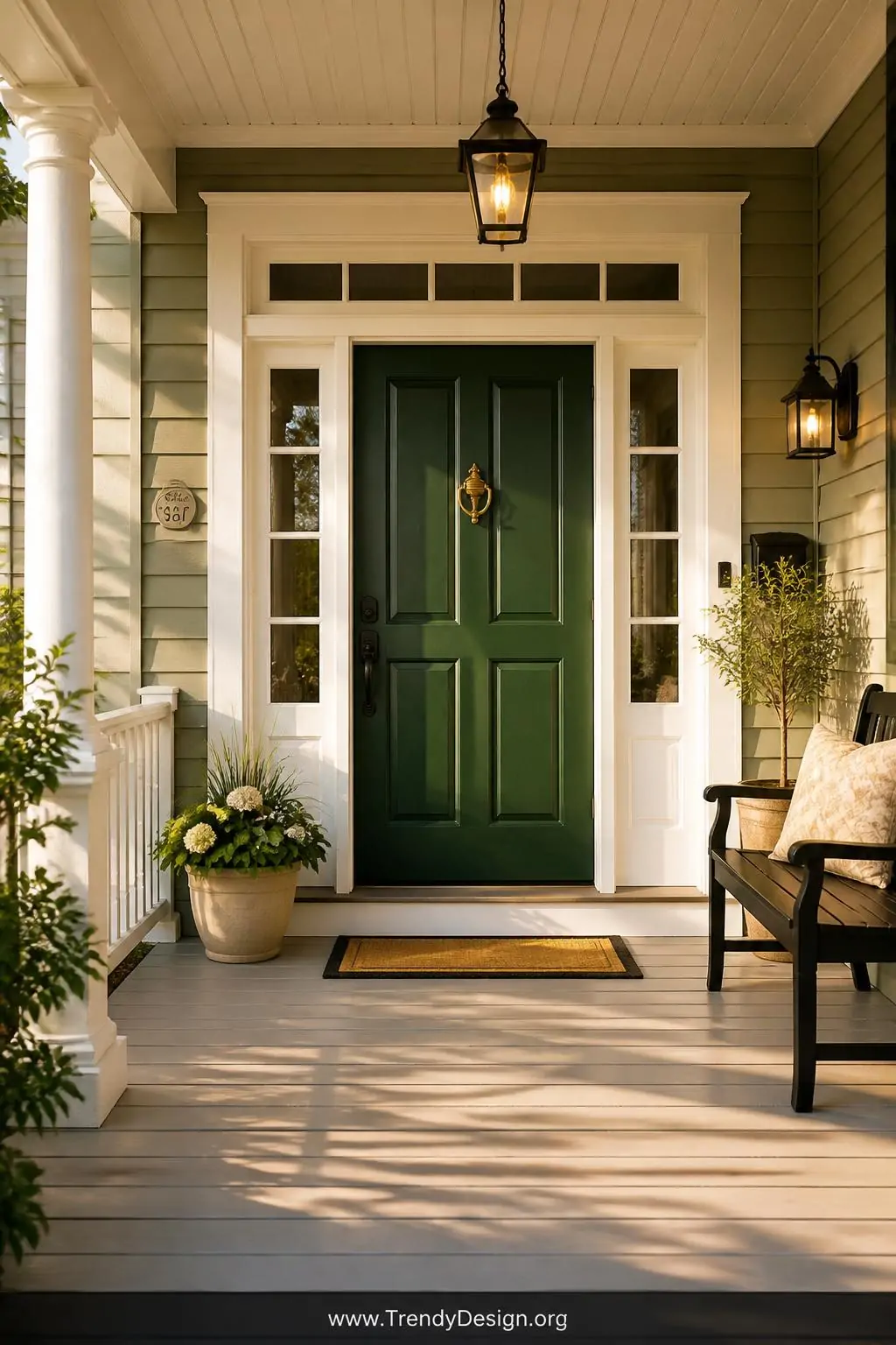 Wide shot of a charming craftsman-style front porch entry featuring a bold forest green door with vintage brass knocker and m