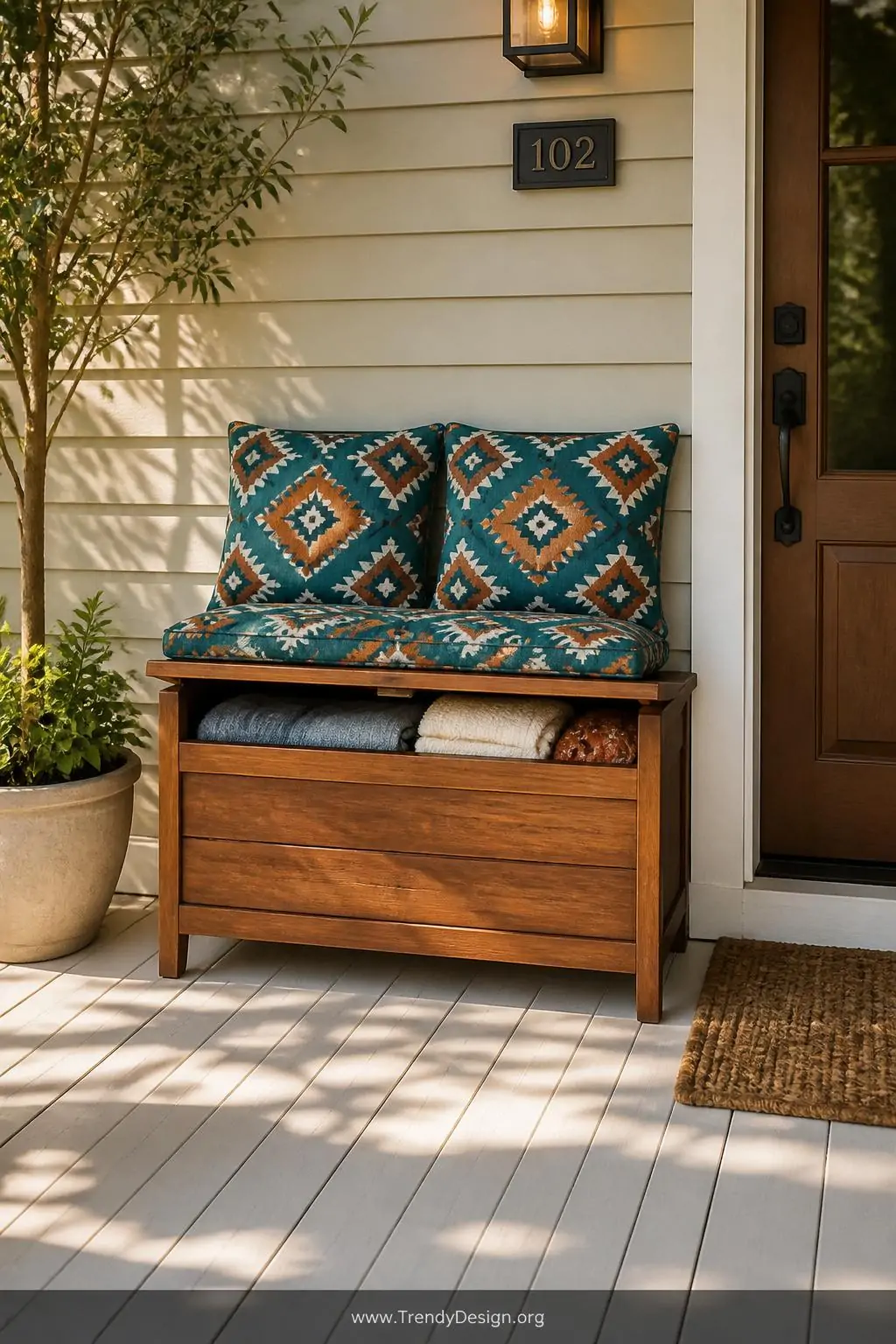 Wide shot, photorealistic interior design photography: A slim teak bench under 48 inches wide sits centered on a small front 