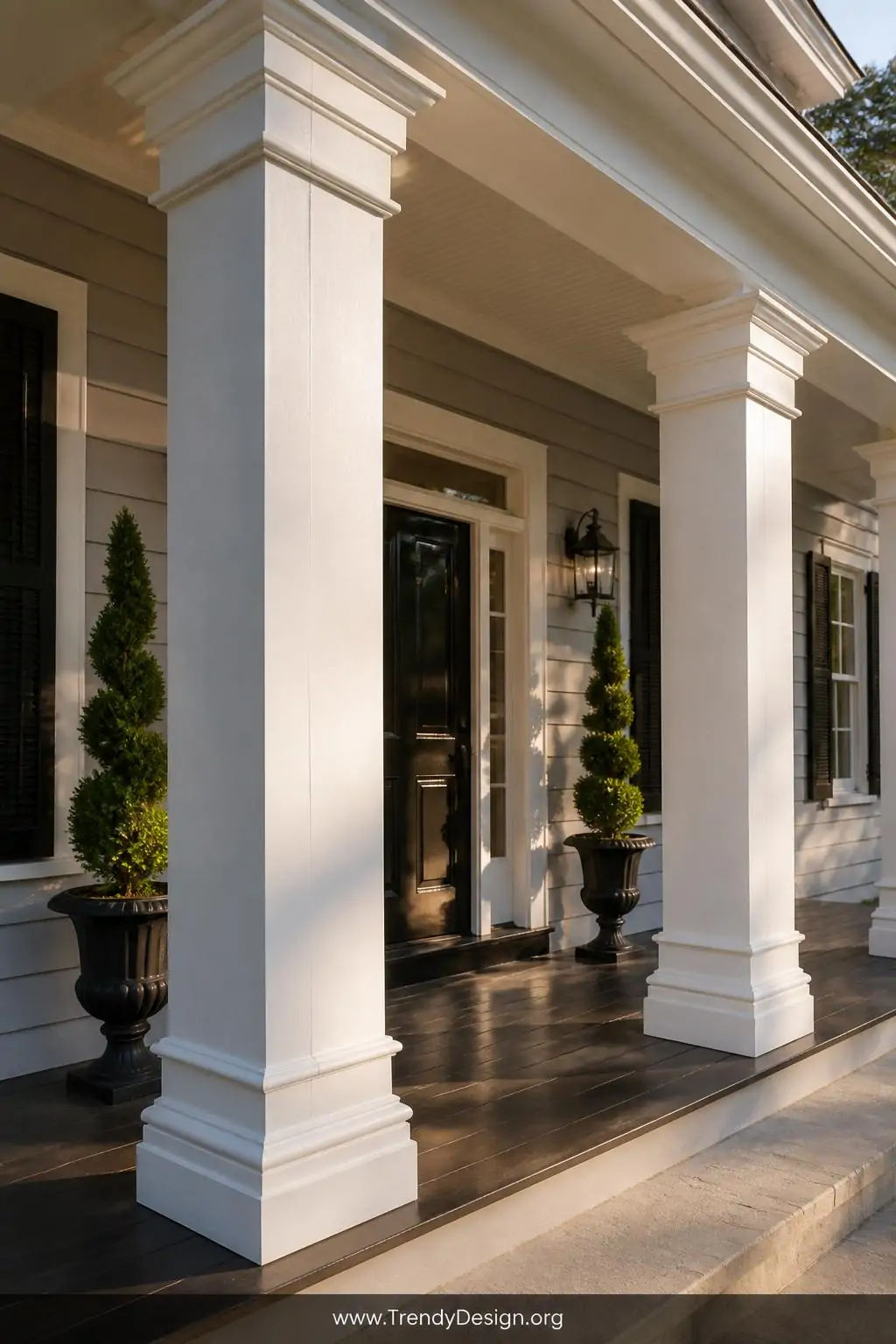 A wide photorealistic shot of a grand front porch featuring crisp white PVC column wraps adorned with layered crown molding a