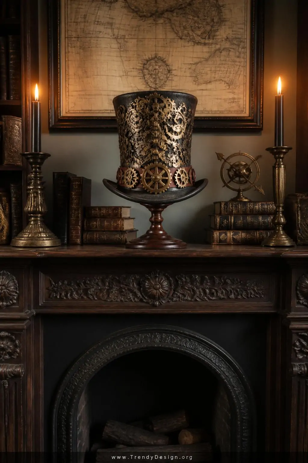 A tall dramatic black top hat covered in layered brass and copper gears of varying sizes sits mounted on a dark walnut wooden