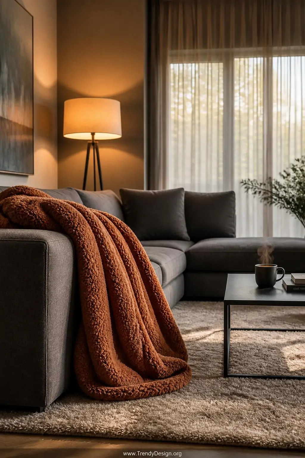 A wide-shot photorealistic interior of a modern living room featuring a chunky burnt orange fleece blanket casually draped ov