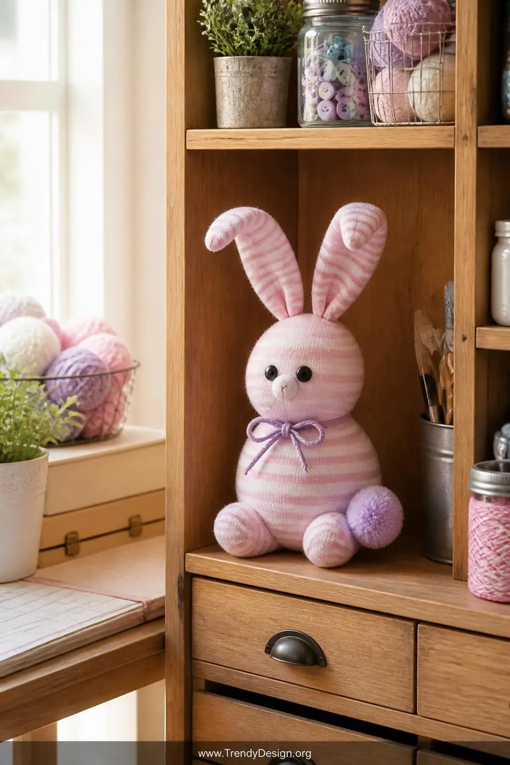 A photorealistic wide shot of a boutique-style craft room shelf displaying a finished sock bunny plushie made from a pastel p
