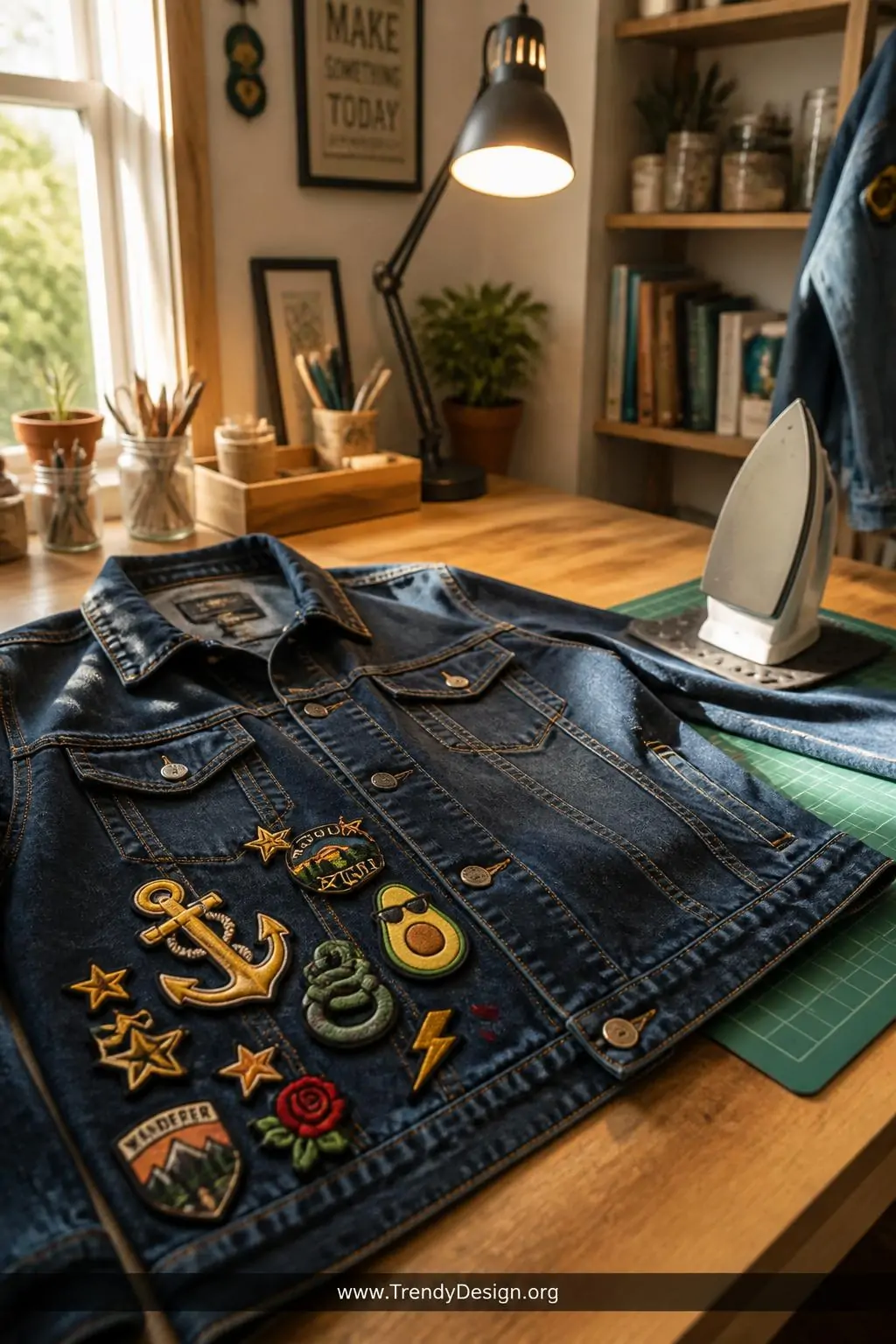 A wide shot of a sunlit craft room workbench displaying a dark denim jacket laid flat, surrounded by a curated cluster of col