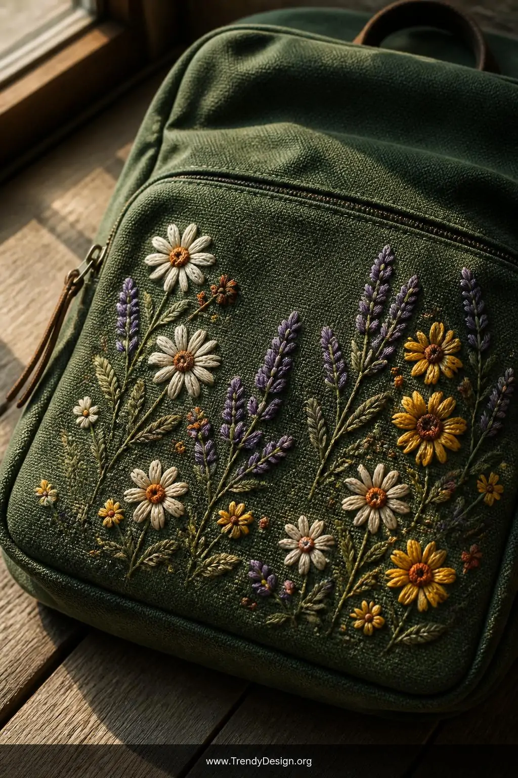 A forest green canvas backpack front pocket displayed flat on a weathered oak wooden surface under warm golden hour window li