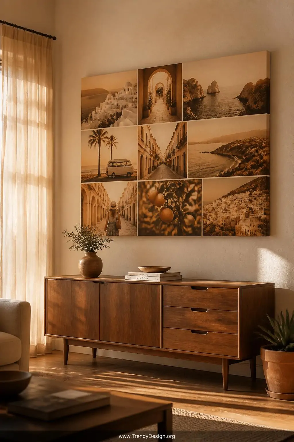 A large stretched canvas photo collage mounted on a warm white plaster wall above a mid-century modern walnut credenza, golde