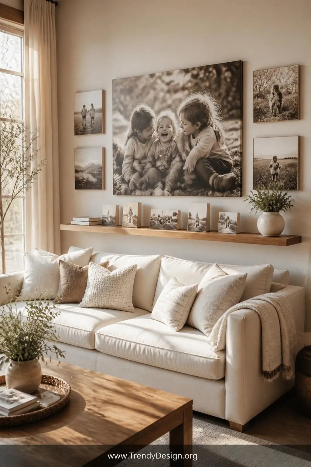 A sun-drenched living room gallery wall featuring an oversized canvas print of a candid family moment in warm sepia tones, fl