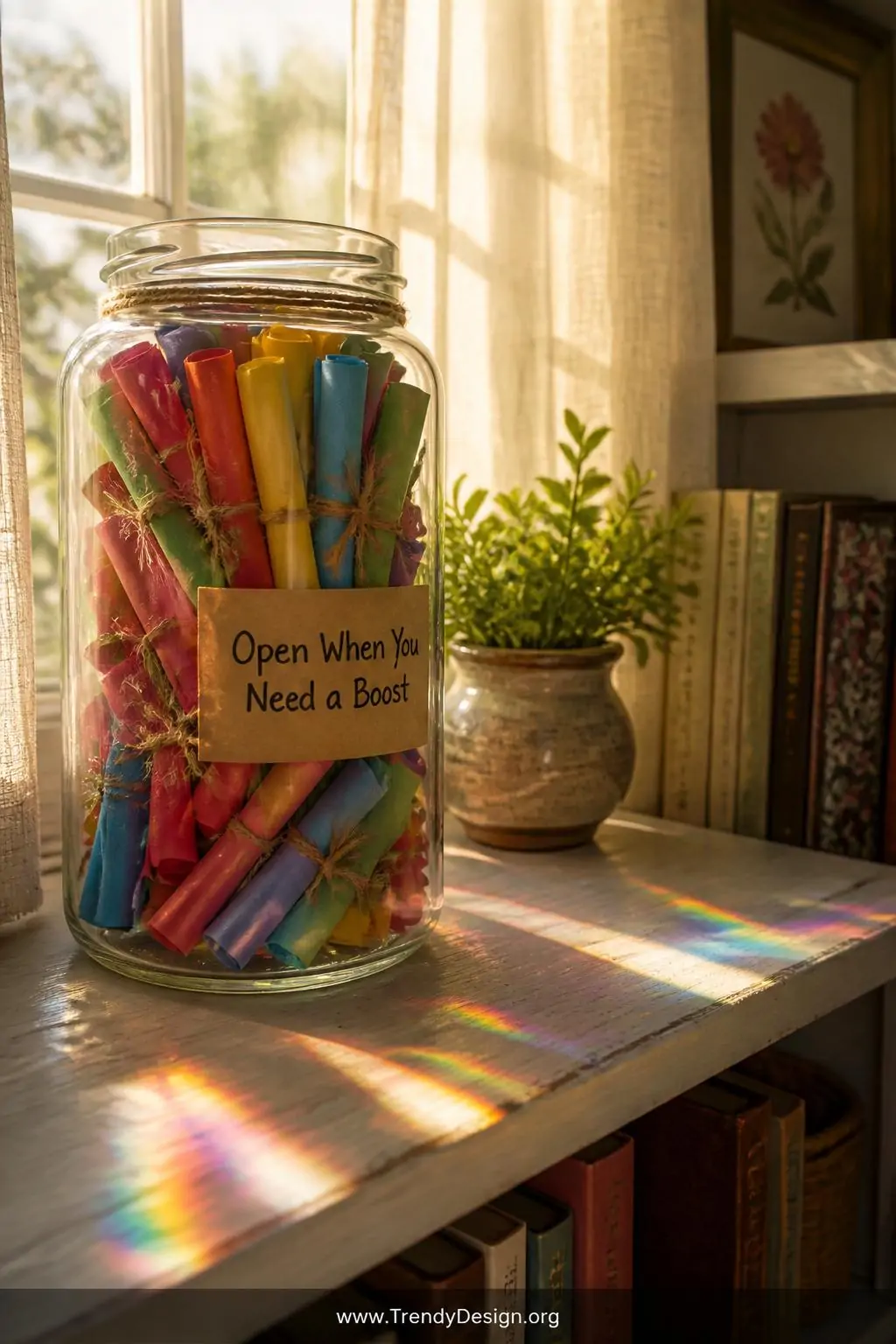A wide-shot photorealistic interior scene of a sun-drenched windowsill styled with a tall clear glass jar overflowing with ti