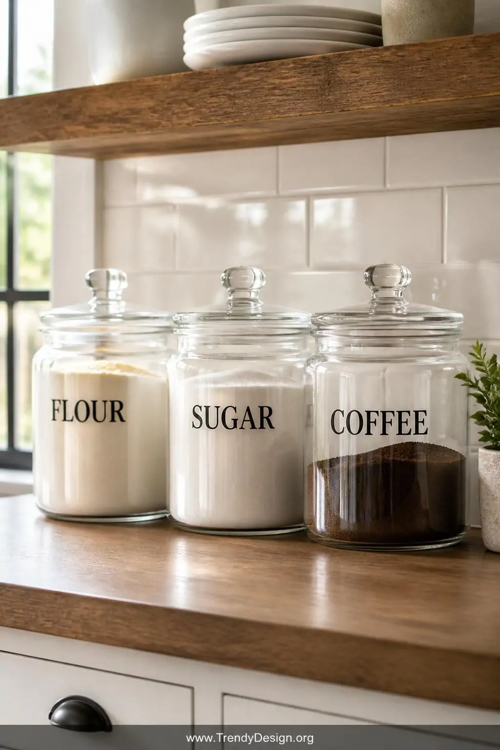 Medium closeup shot of a bright farmhouse kitchen countertop displaying a row of clear glass canisters labeled with clean mat