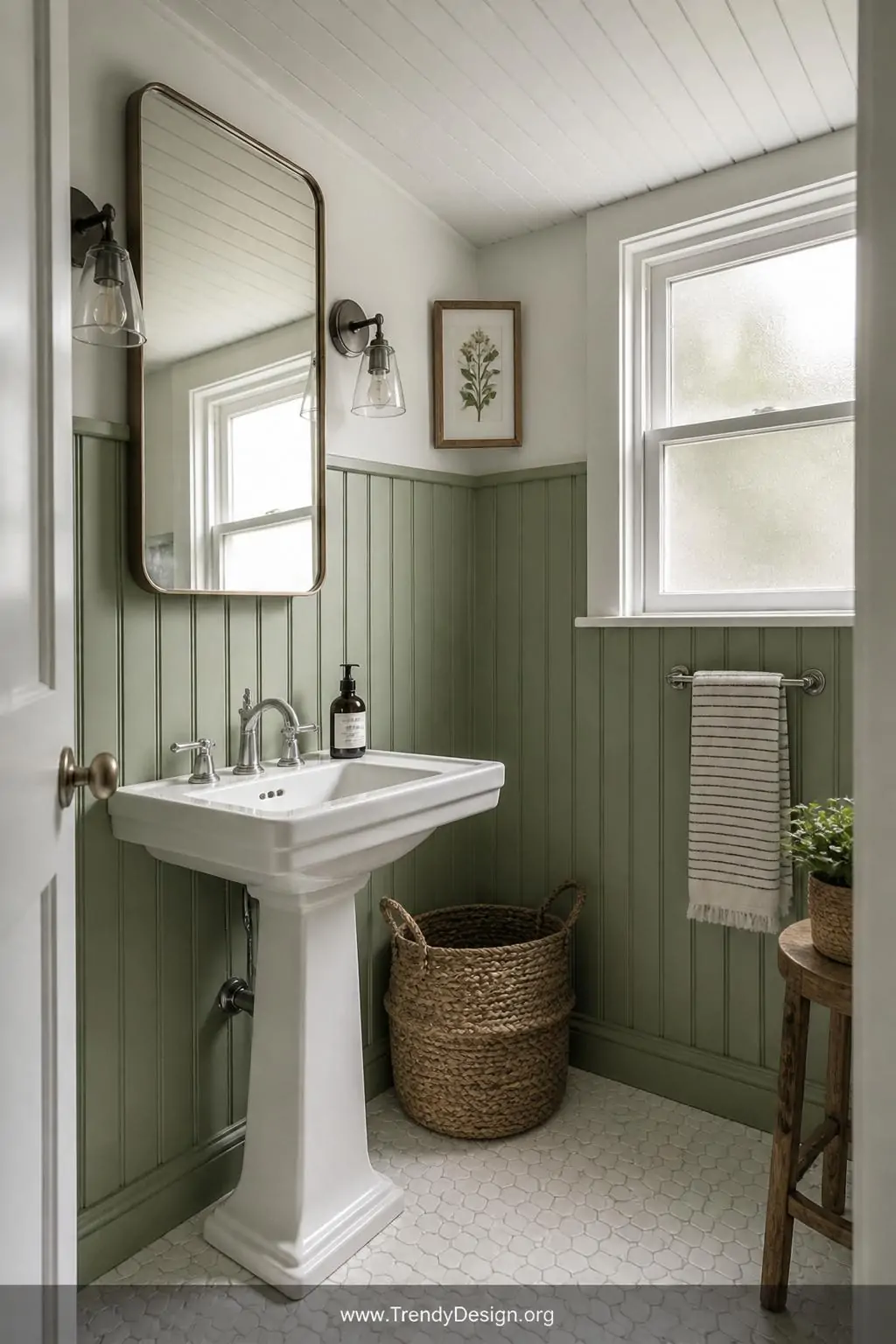 Medium shot of a serene cottage bathroom with white beadboard wainscoting painted soft sage green, vertical grooves creating 