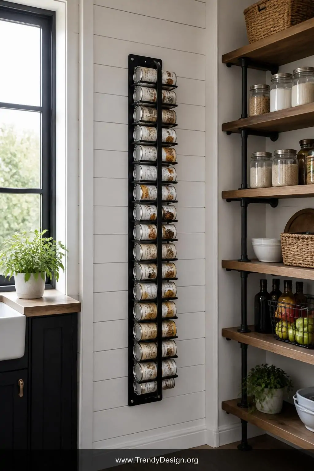 Matte black wall-mounted vertical can rack installed on a shiplap pantry wall, industrial style kitchen storage, holding a neat column of silver and labeled cans in a first-in-first-out staggered column formation, cool natural light from a nearby pantry window highlighting the metal hardware against the white textured wood, wide shot revealing the full floor-to-ceiling pantry wall.
