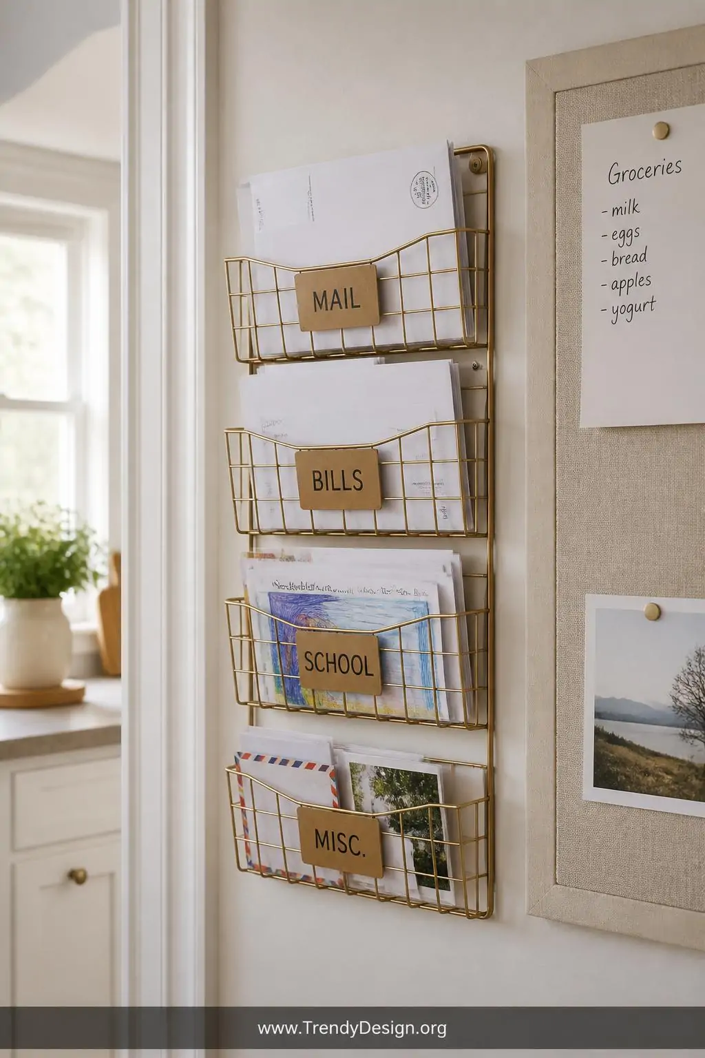 Brushed brass wire wall-mounted mail sorter with four labeled kraft paper slots mounted beside a cream linen message board on a warm white kitchen wall near a doorway, natural daylight streaming from a nearby window, closeup shot showing crisp slot labels and neatly sorted envelopes and school papers.