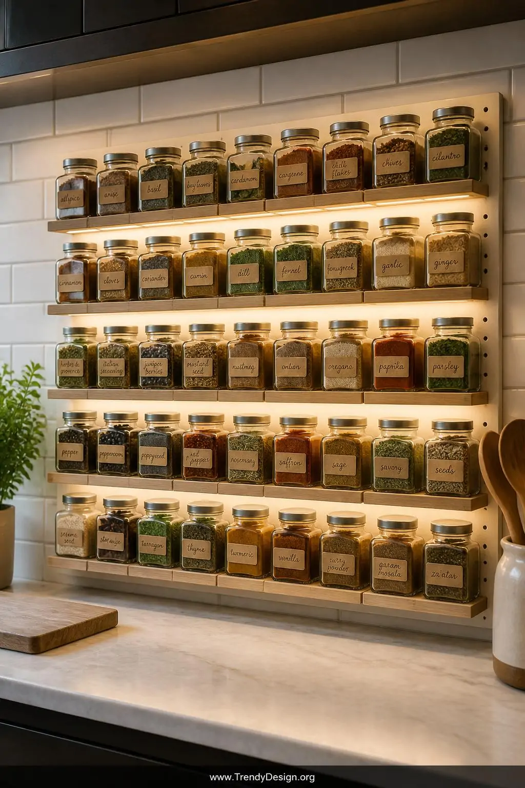 Rows of uniform square glass spice jars with handwritten kraft paper labels arranged on small natural wooden shelf attachments snapped into a cream-painted pegboard, soft under-cabinet LED lighting illuminating each jar from below, medium shot capturing the satisfying alphabetical grid arrangement against a white subway tile backsplash.