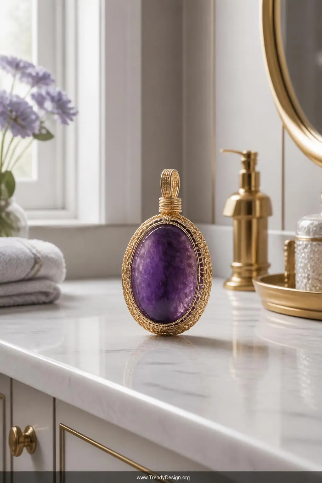 Purple amethyst cabochon pendant in gold-filled wire bezel wrap displayed on a white marble vanity surface, soft diffused natural light from a nearby window, medium shot showing weave detail across the domed stone face