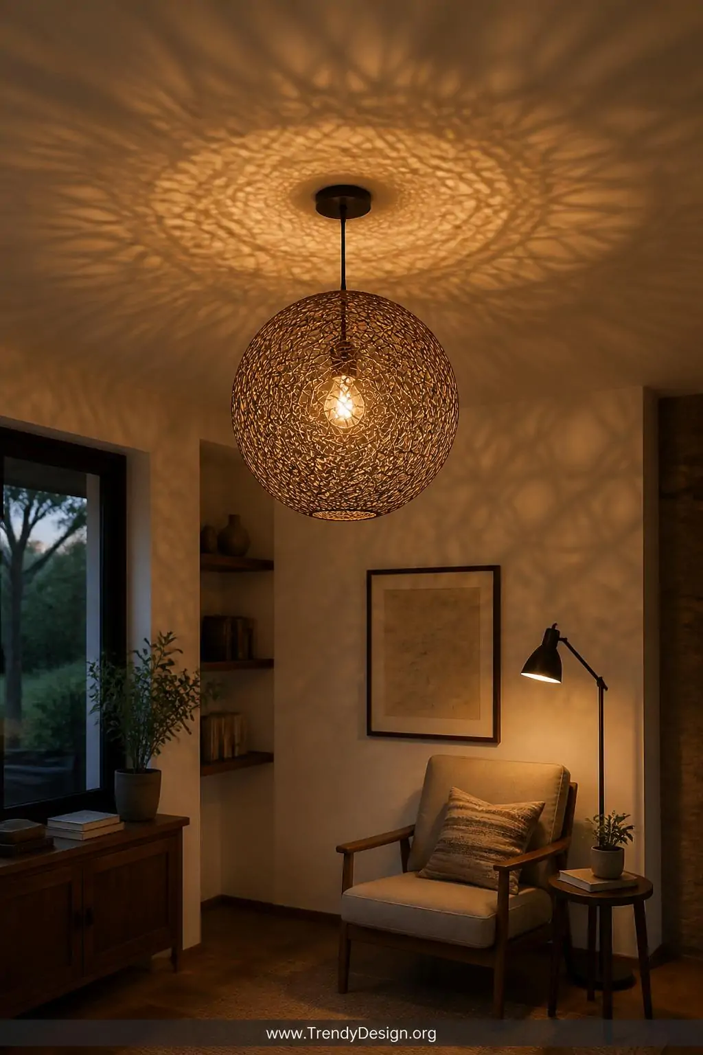 Open geometric wire pendant light shade woven around a spherical form hanging above a cozy reading nook, warm amber Edison bulb glowing through the interlaced fine craft wire and casting intricate dappled light patterns across a cream plaster ceiling, rustic-modern interior, wide shot capturing the full ceiling glow effect.
