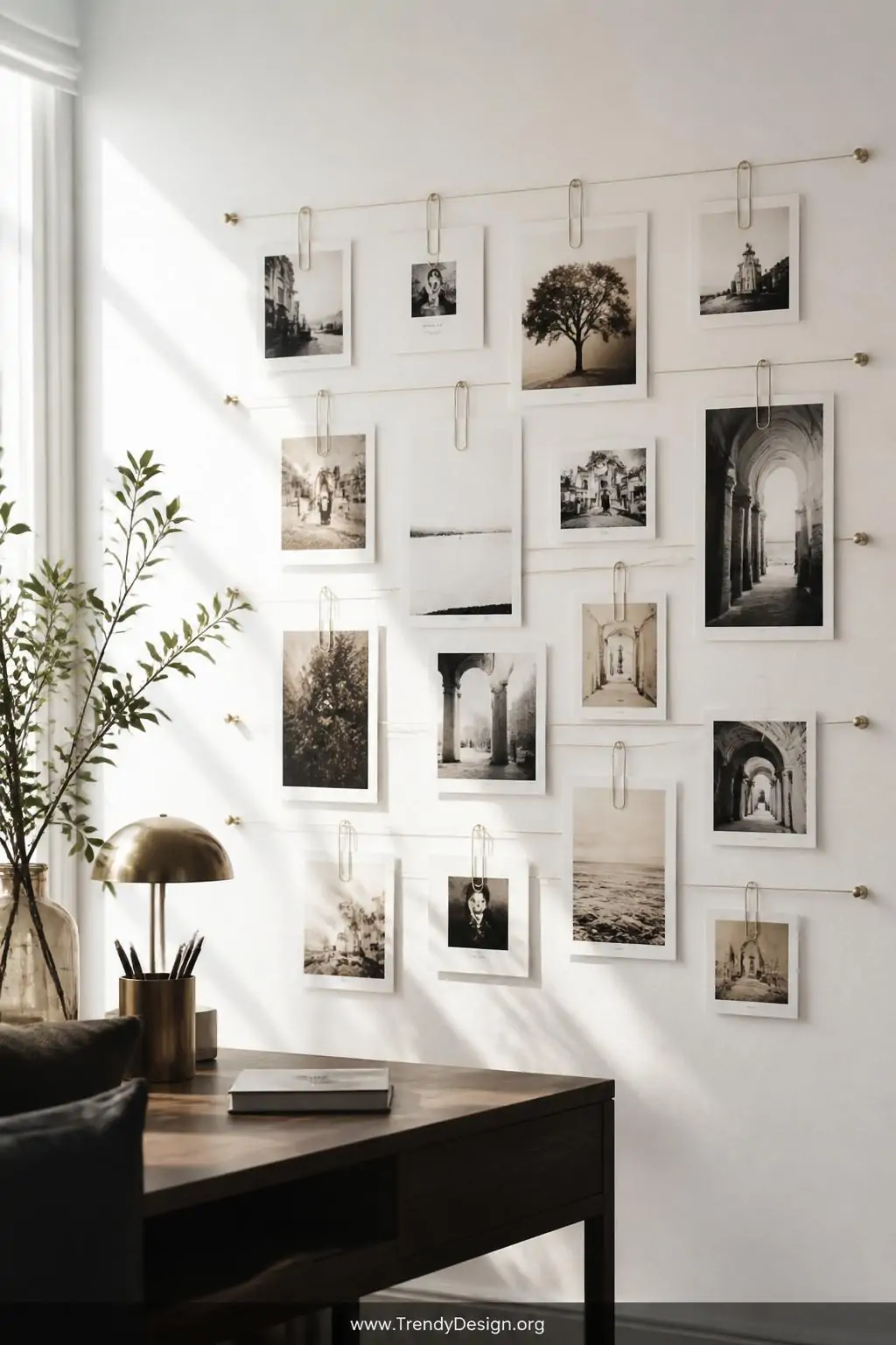 Paperclip photo display gallery wall in a minimalist home office, horizontal twine lines strung between brass nails holding black-and-white and warm-toned prints clipped with silver jumbo paperclips, soft natural window light casting gentle shadows on the white wall, layered print sizes creating visual depth, medium shot.