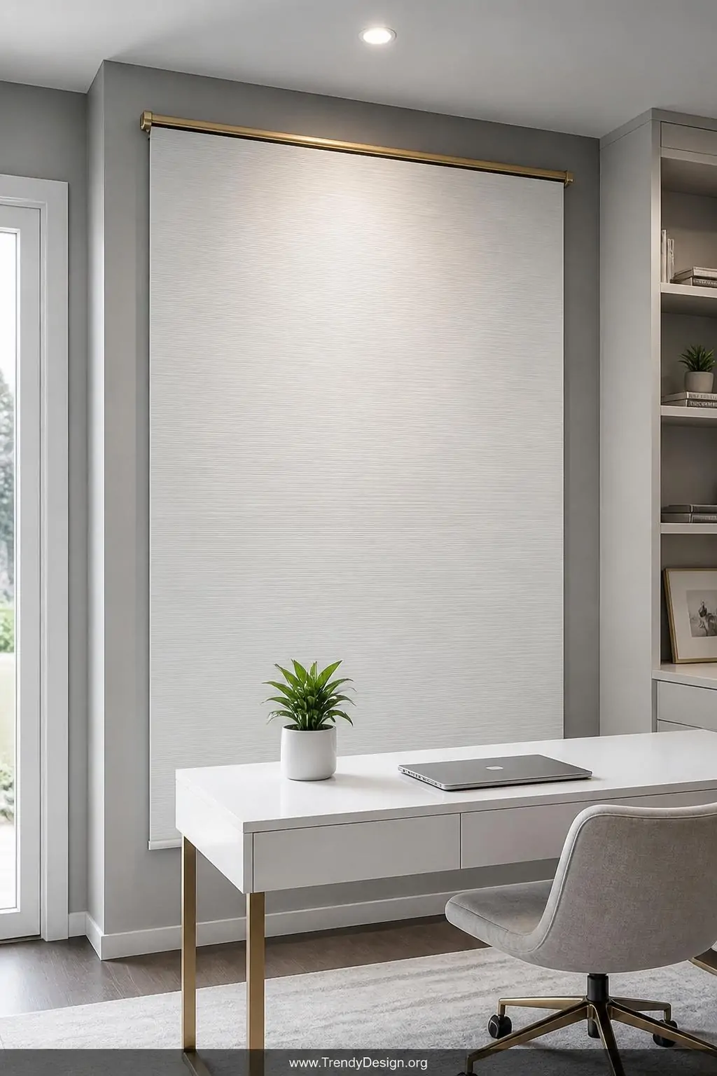 A sleek contemporary home office with a floor-to-ceiling flat-fold Roman blind in crisp cool-white cotton-linen blend lowered