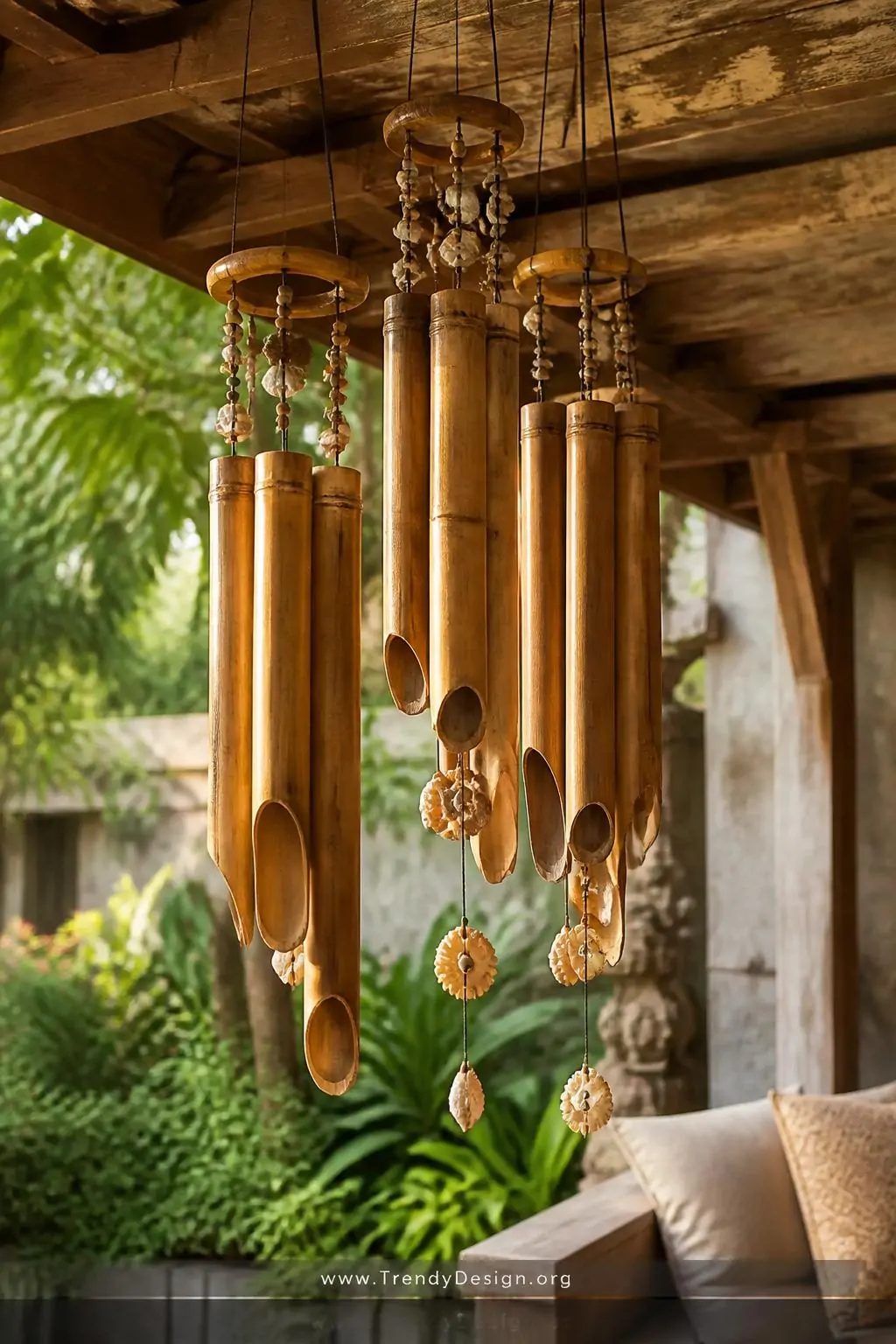 Bamboo wind chimes of varying tube lengths hanging on a weathered teak porch ceiling, dappled golden afternoon sunlight filtering through, medium shot showing hollow cut edges, threaded shells and wooden beads between tubes, sage green garden foliage blurred softly behind, natural honey and driftwood tones, photorealistic interior design