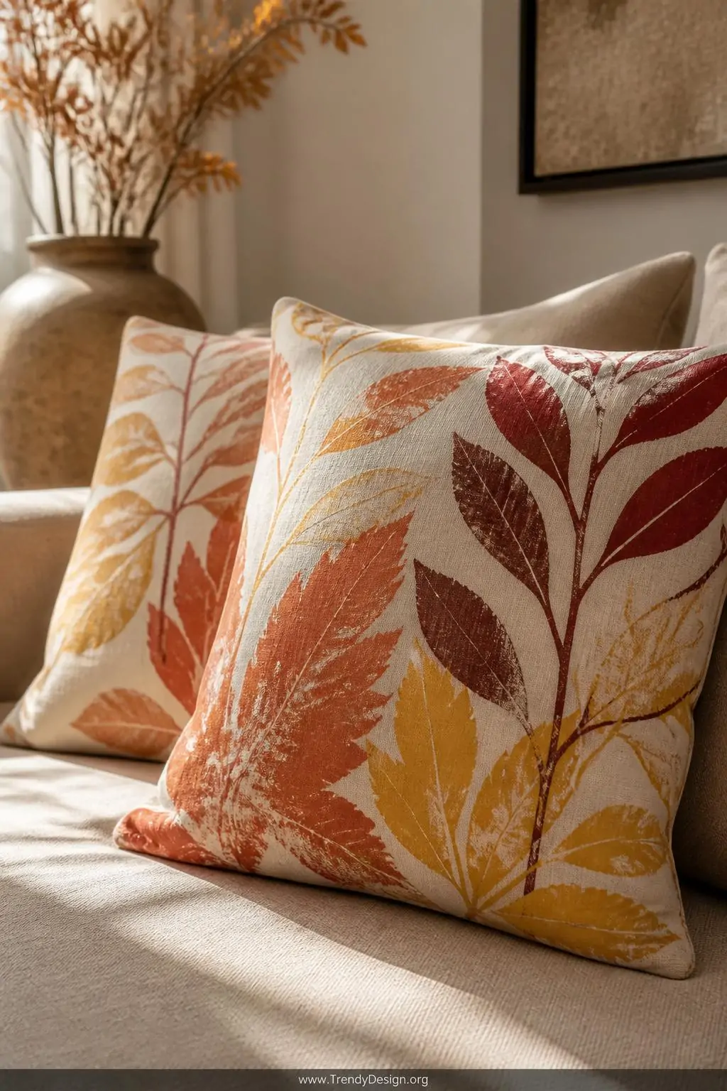 Canvas throw pillow covers stamped with burnt orange, deep red, and mustard yellow botanical leaf prints in overlapping layers, arranged on a linen sofa in a warm-toned living room with afternoon sunlight streaming across the textured fabric, closeup shot revealing paint texture and organic leaf vein impressions.