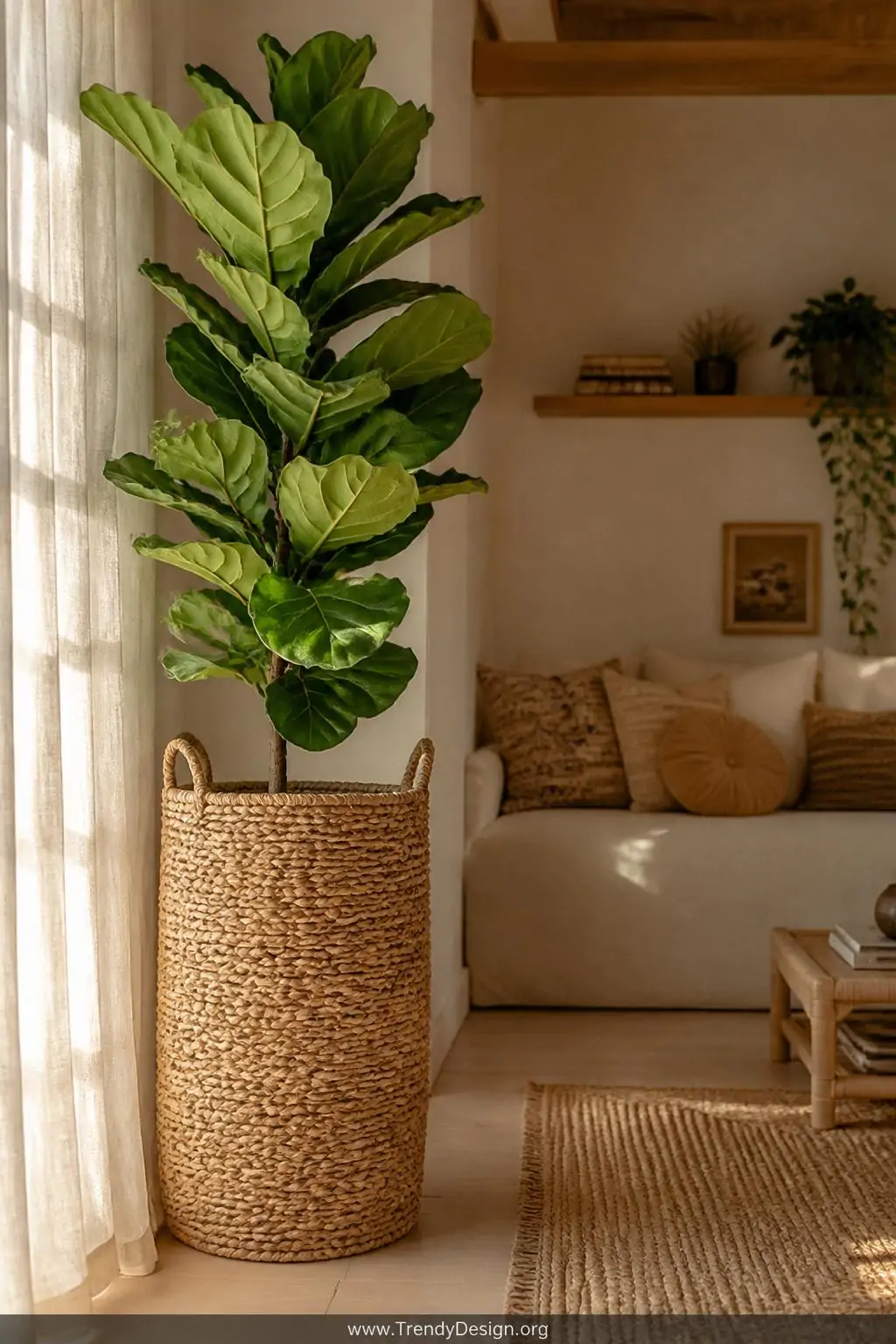 Tall woven seagrass basket planter cradling a dramatic fiddle leaf fig in the corner of a bohemian living room, warm afternoon light filtering through linen curtains onto the natural rattan texture, a cream sofa visible in the soft background, wide shot, photorealistic interior design.