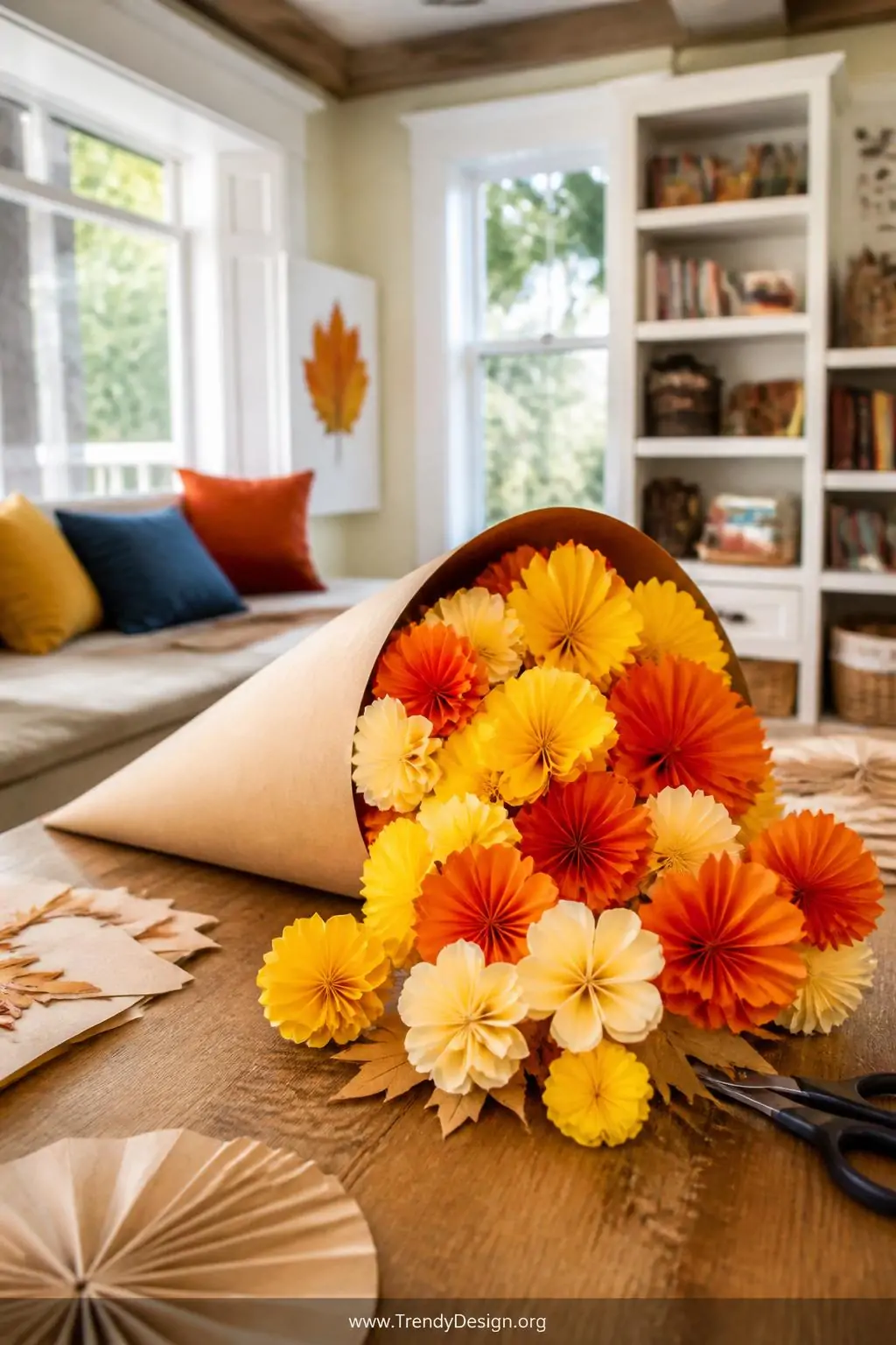 Brown kraft paper cone cornucopia overflowing with accordion-folded tissue paper flowers in yellow, orange, and cream on a craft table, bright playful family room, medium shot, photorealistic interior design