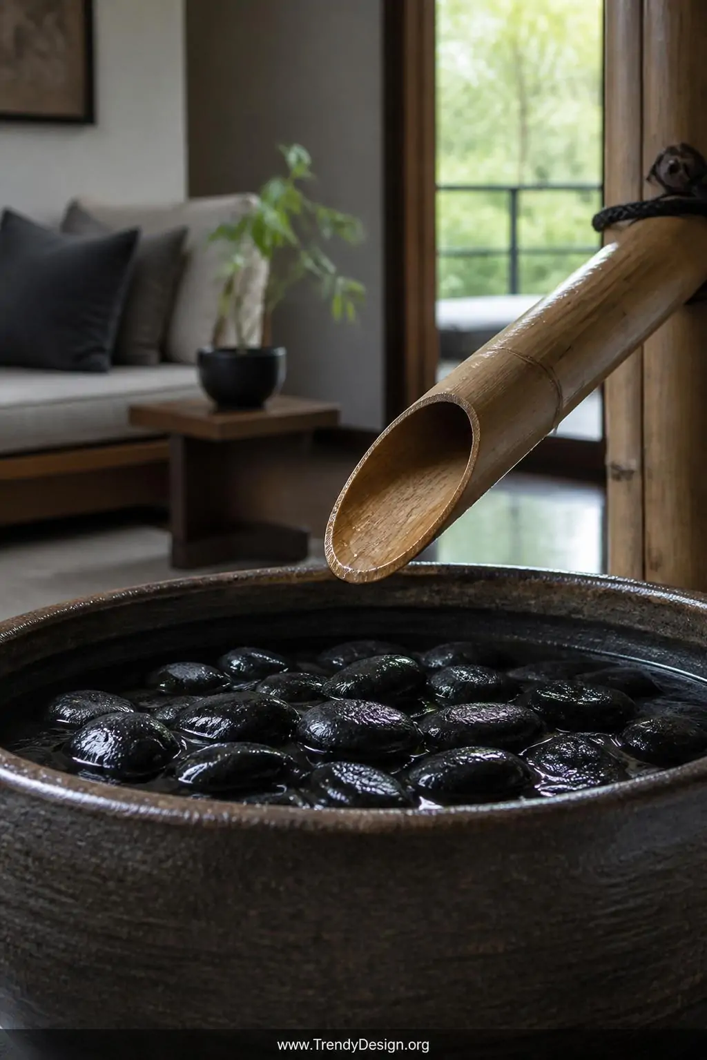 Hollow bamboo spout angled over a wide ceramic basin filled with dark river stones in a minimalist Japanese-inspired living room corner, cool natural light filtering across the wet bamboo and glistening black stones creating dramatic texture contrast, photorealistic interior design, closeup shot.